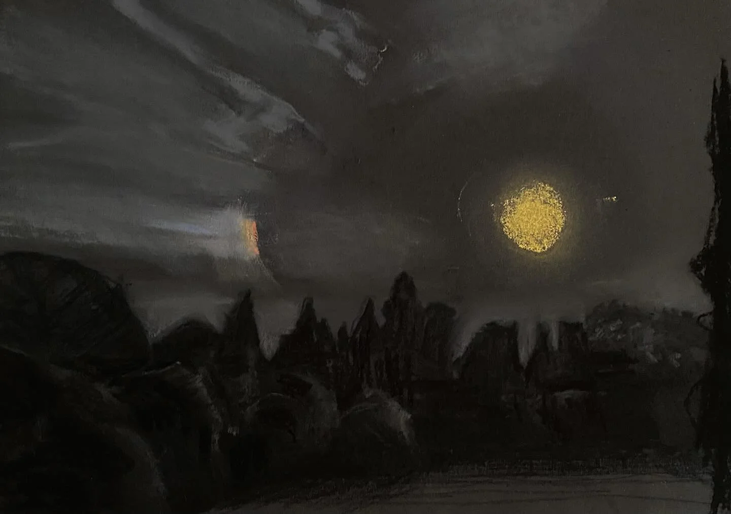 Mid-Norfolk October full moon, recently risen, and what looked very much like a moon dog. Dewy grass and the smell of crabapples.
 
#drawing #art #fullmoon #moondog #nightdrawing #october #norfolk #landscapepaintings #sugarbeetmoon