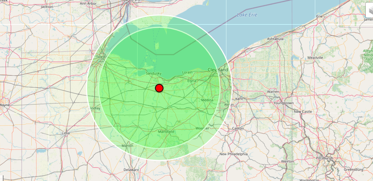 Map with a colored circle centered around Cleveland, Ohio, indicating a specific zone or range, with surrounding cities and roads visible in the background.