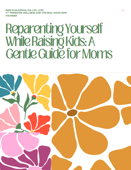 Book cover titled 'Reparenting Yourself While Raising Kids: A Gentle Guide for Moms' by Erin Schlozman, featuring colorful abstract flower illustrations in shades of pink, yellow, orange, purple, and blue.