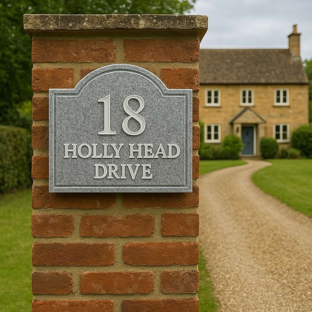 Stone house sign reading '18 HOLLY HEAD DRIVE' centered on a red brick pillar at the entrance to a traditional country home with a gravel drive and lush greenery