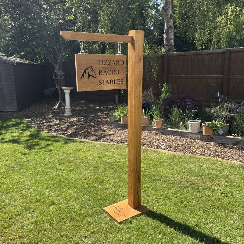 Handcrafted oak estate sign for Tizzard Racing Stables by Cotswolds Company