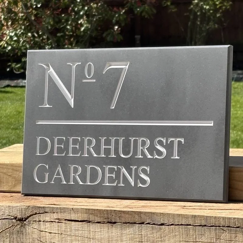 Modern House & Name Number Plaque in Slate with Pebble (Off White) Text