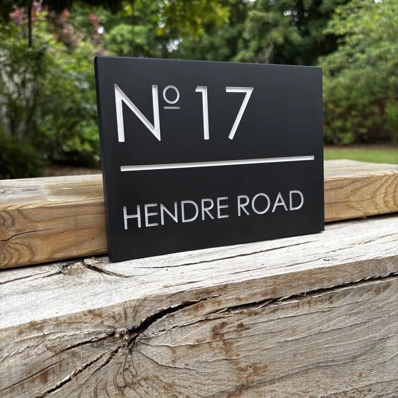 Modern House & Name Number Plaque in Black with White Text