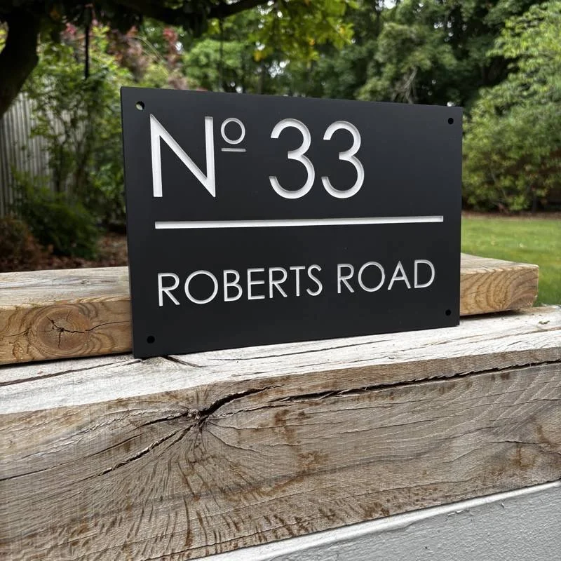 Modern House & Name Number Plaque in Black with White Text