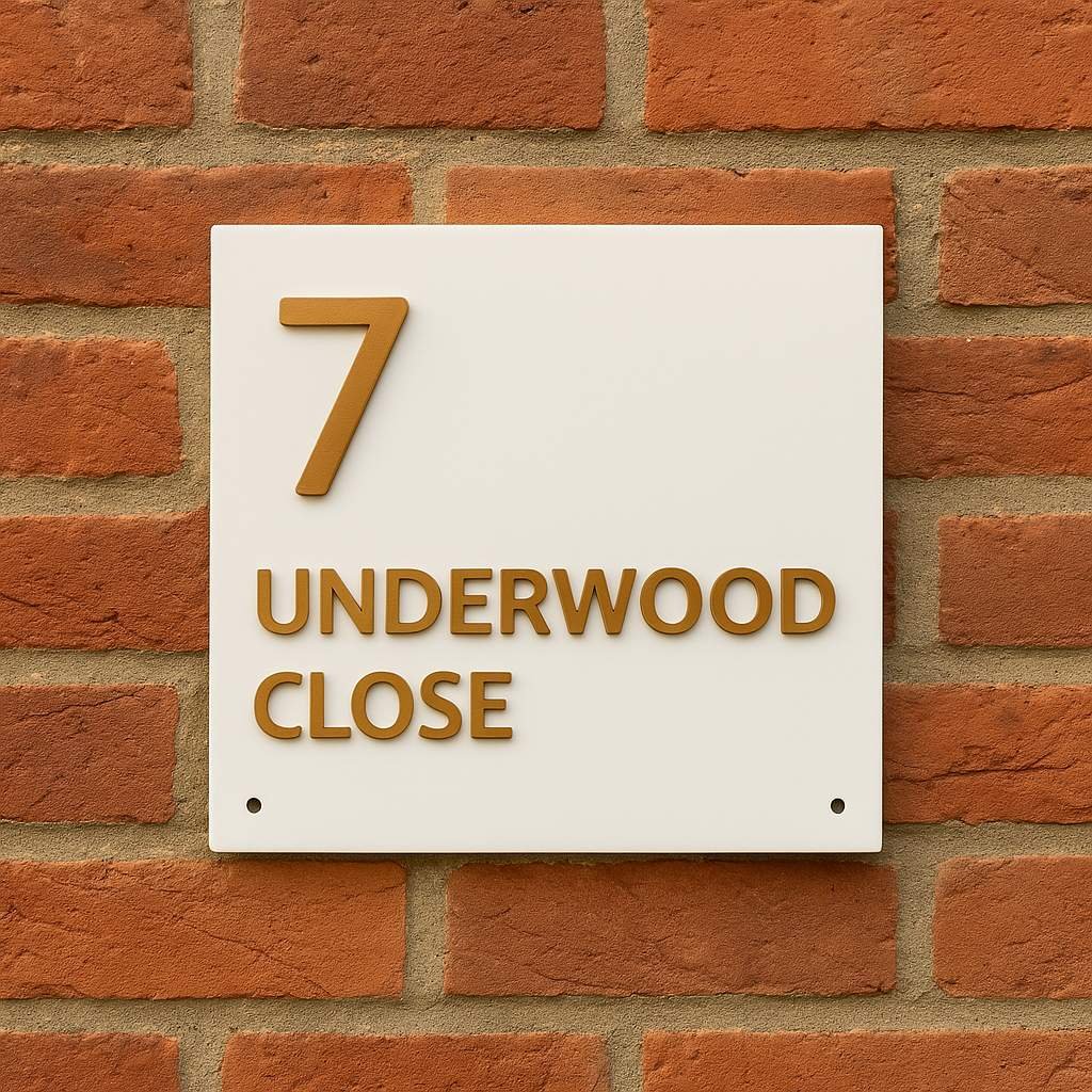 House number plaque reading "7 UNDERWOOD CLOSE" mounted on a red brick wall, featuring raised golden-brown lettering on a white square background