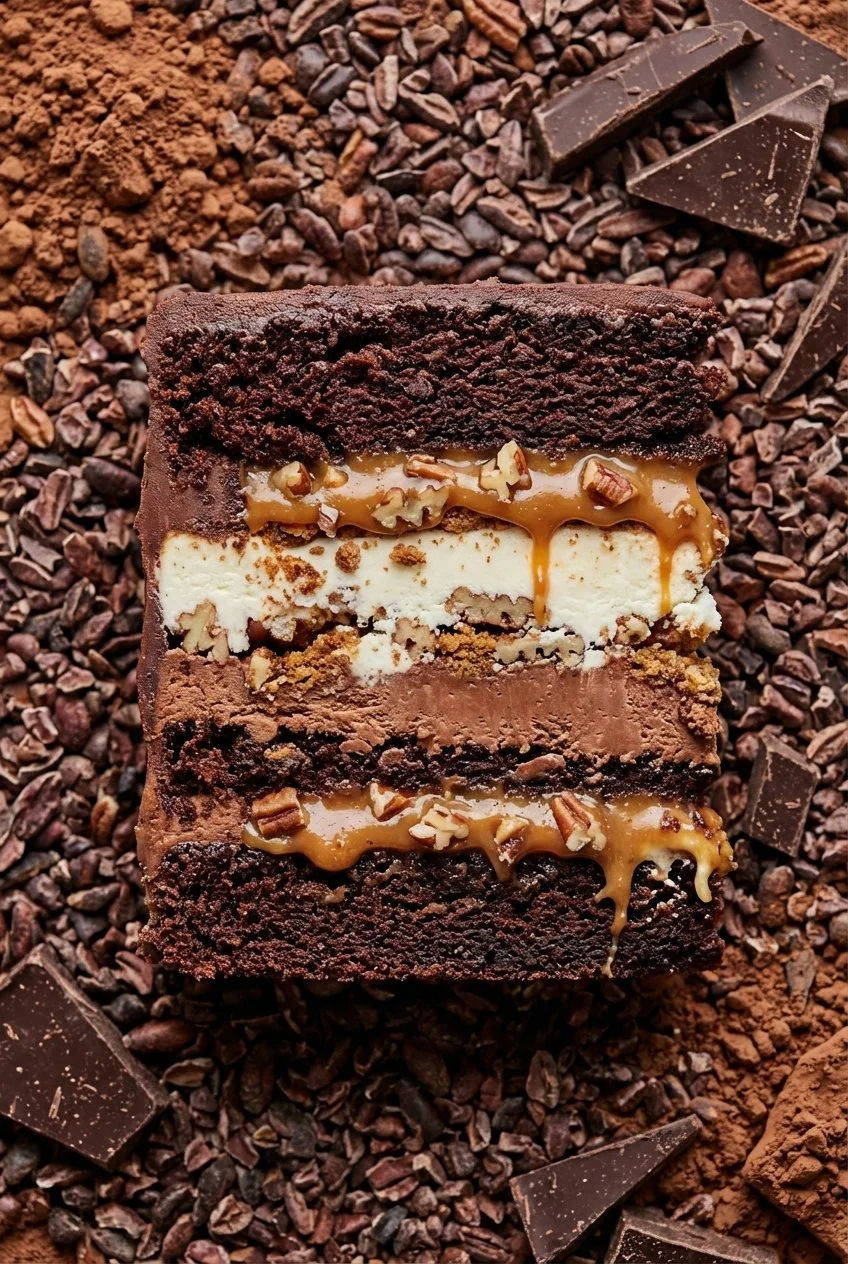 Un gâteau au chocolat à plusieurs couches, garniture de caramel et noix, entouré de cacao en poudre, éclats de chocolat et cacao en grains.