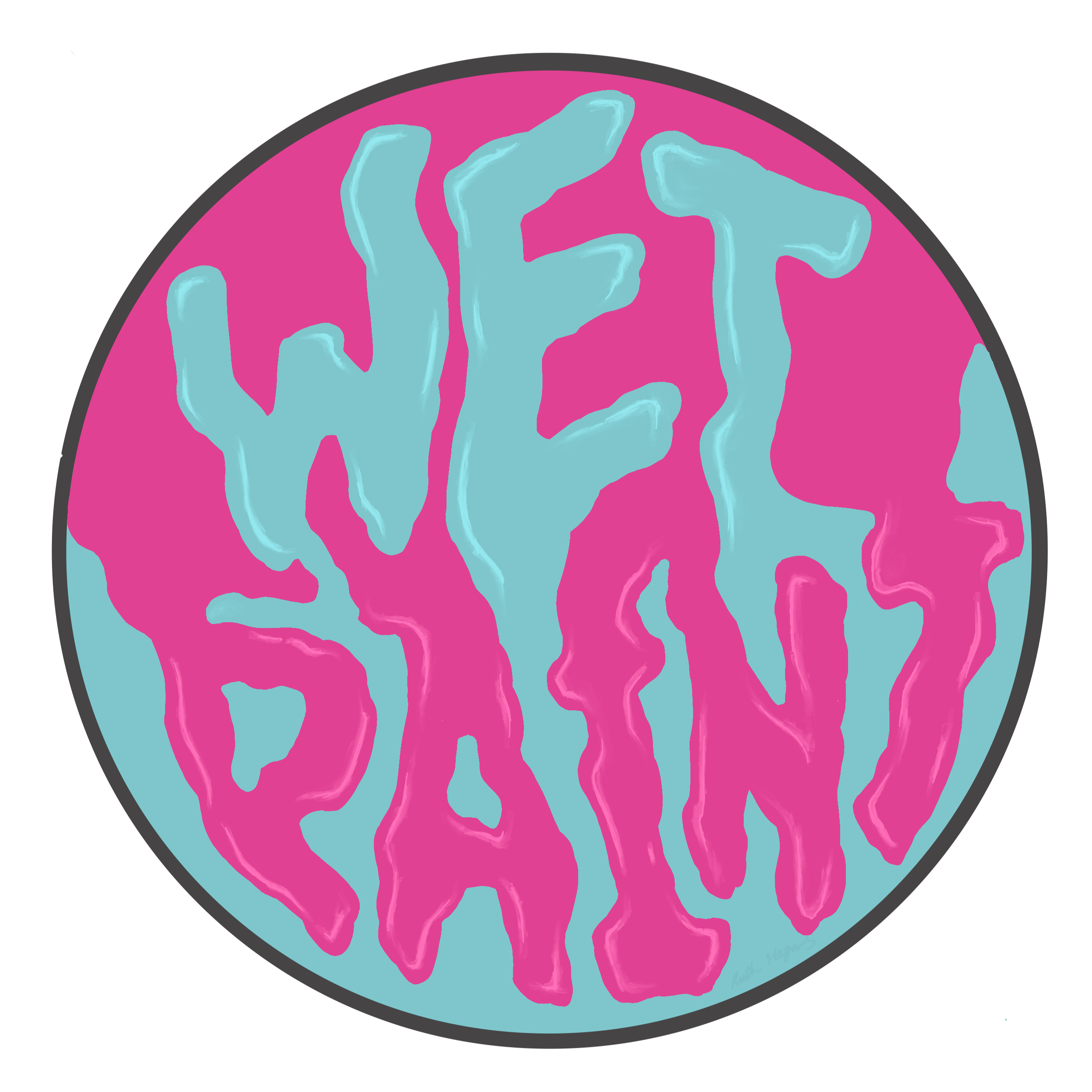 A circular graphic with the phrase 'WET BEACH' written inside in a wavy, stylized font with pink and blue colors.