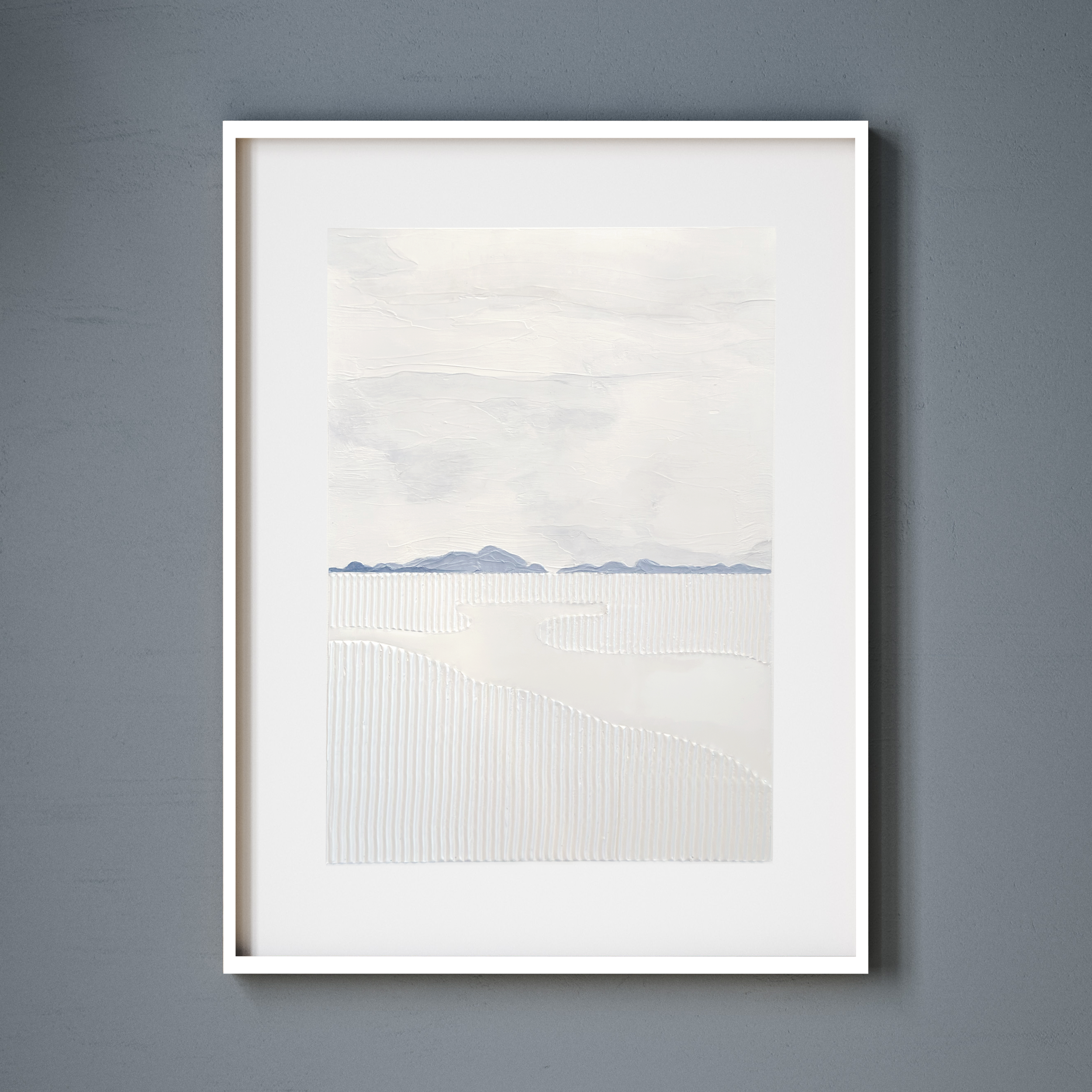 Textured, modern landscape painting of a coastal marsh on canvas in a white floating frame