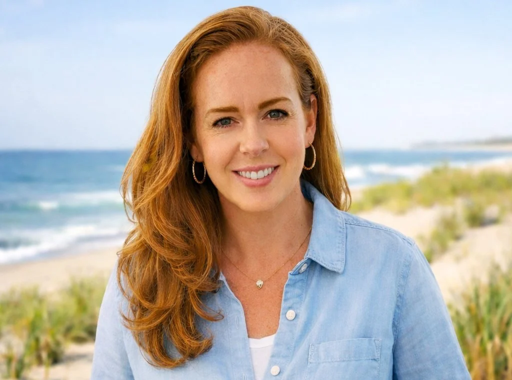 A woman with red hair and hoop earrings smiling at the camera on a beach with the ocean and sandy shore in the background.