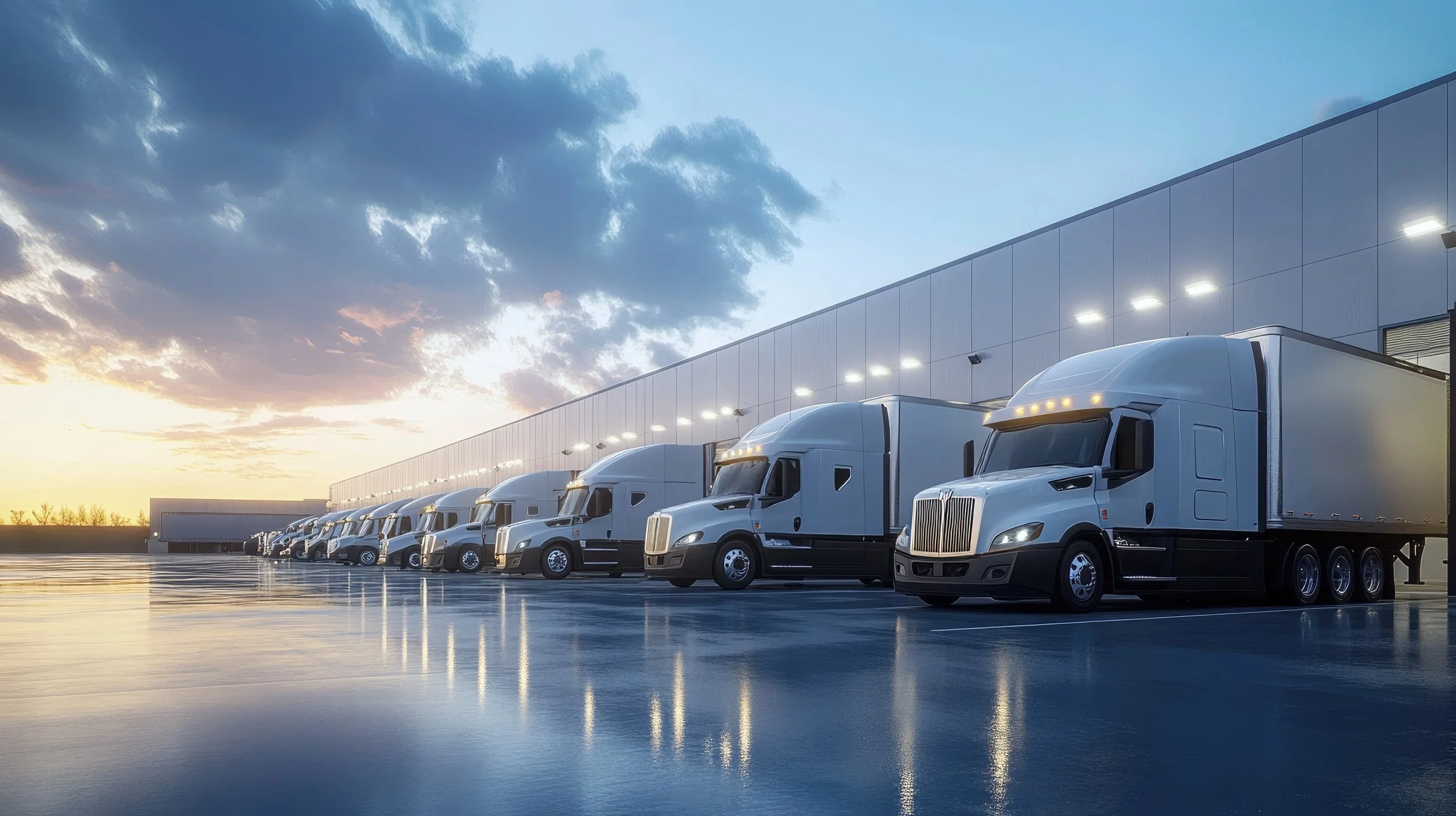 Line of white semi-trucks parked in front of a large industrial warehouse during sunrise or sunset, with a partly cloudy sky overhead.