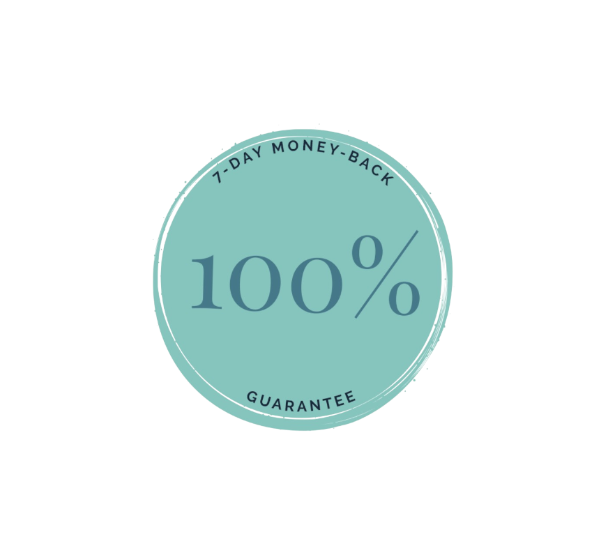 A circular badge with a light blue background and dark blue text stating '7-Day Money-Back Guarantee' and '100%'.