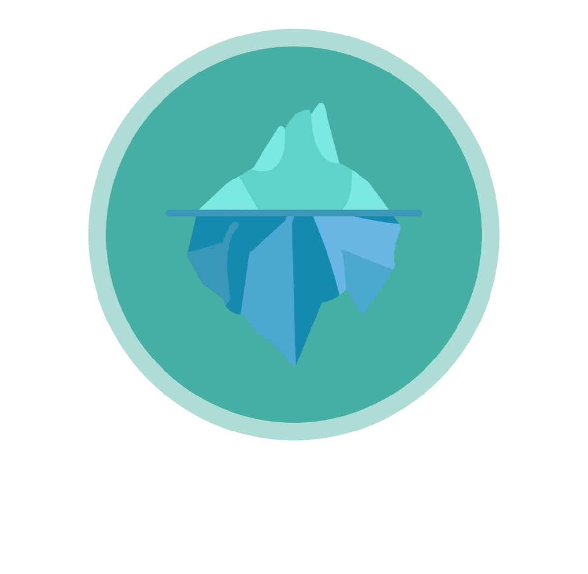 Digital illustration of an iceberg, showing the visible tip above water and the larger submerged portion below.