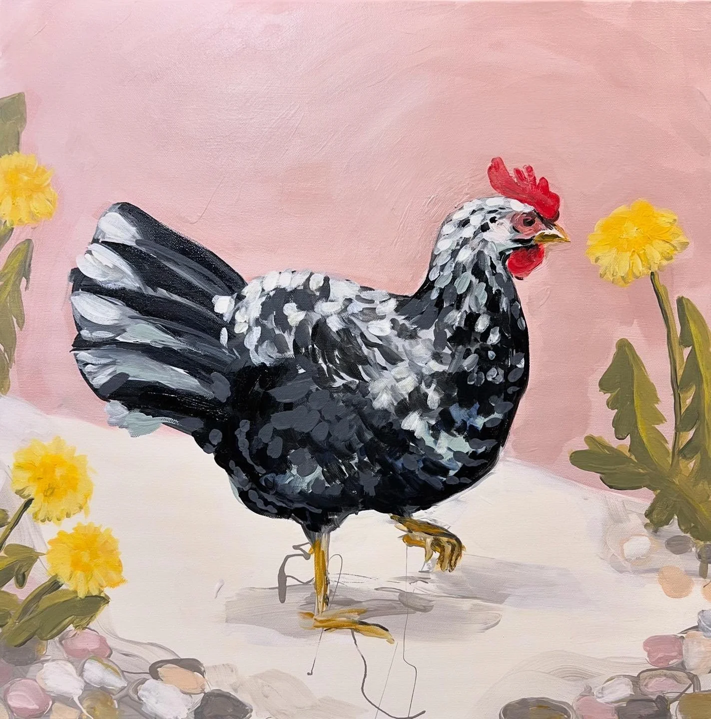 Nightingale &amp; her Dandelions
.
Exchequer Leghorn
#chickenpainting #exchequerleghorn #petportraits #chickenportrait