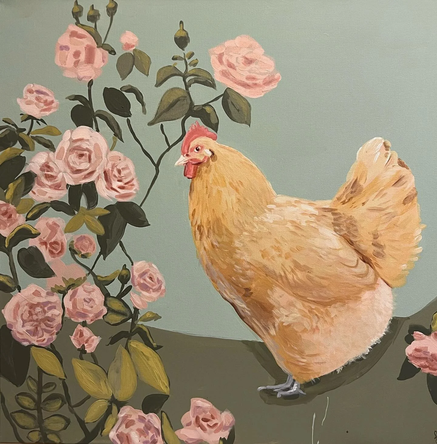 Lulu&rsquo;s Favorite Chicken &amp; her Roses
.
Buff Orpington #bufforpington #chickenpainting #chickenportrait #petportraits #petpainting