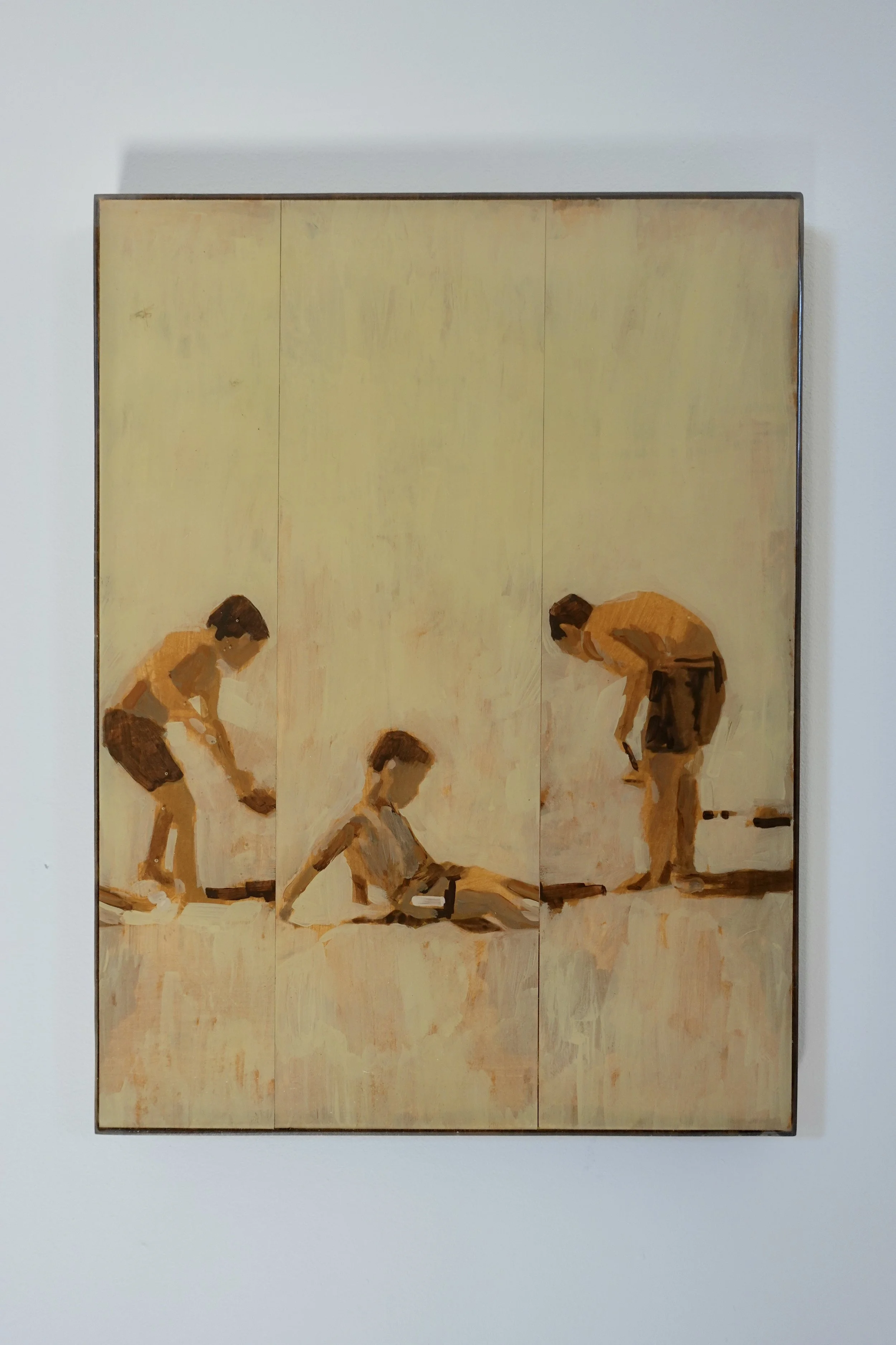 A painting depicting a scene of three children, in a minimalistic style with warm earth tones. The children appear to be engaged in an activity in the sand.