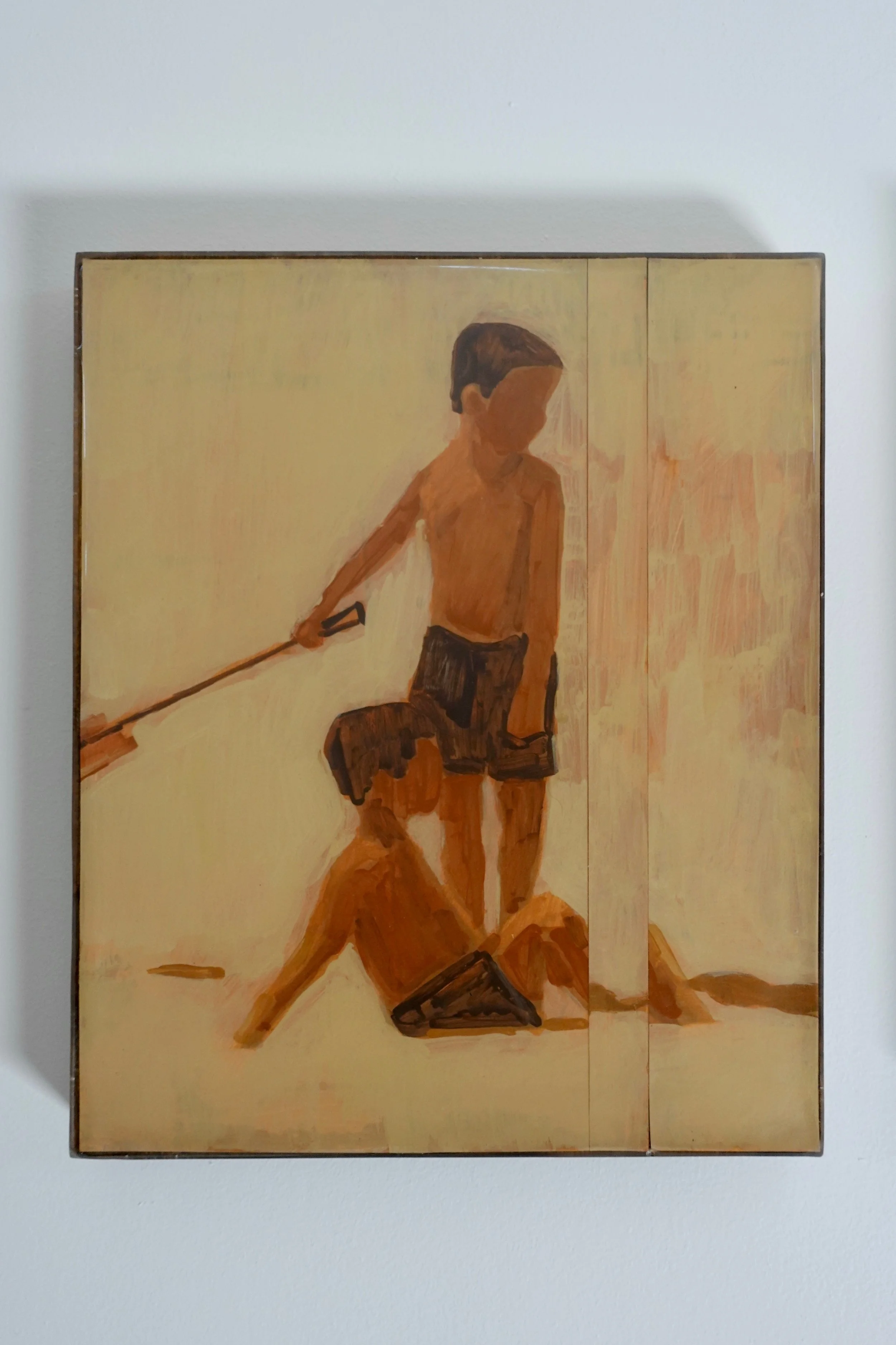 Painting of a boy with dark hair, holding a spade, in the sand on the beach with another child.