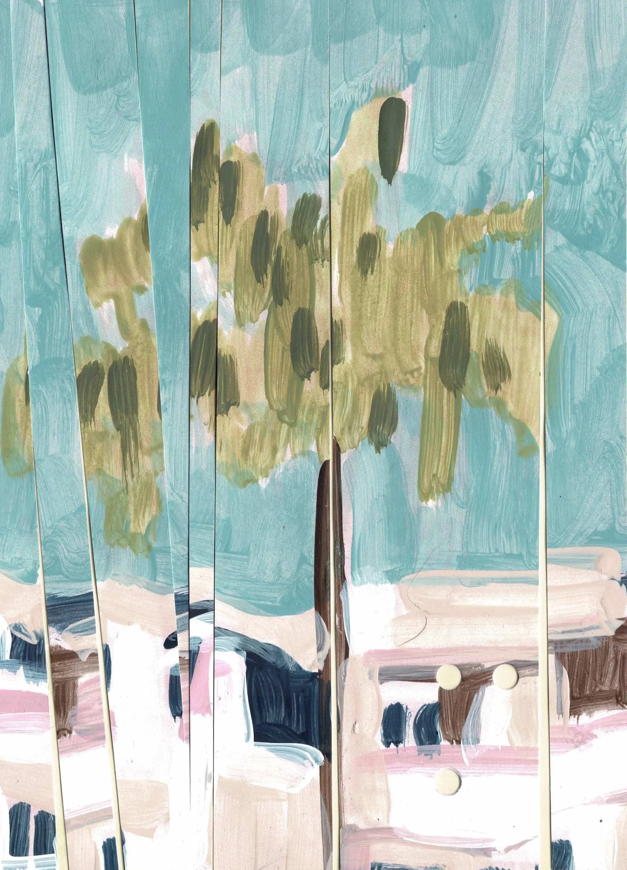 
Greetings from Menton — 2026  
Collage of acrylics on paper, on a postcard
10.5 x 14.8 cm