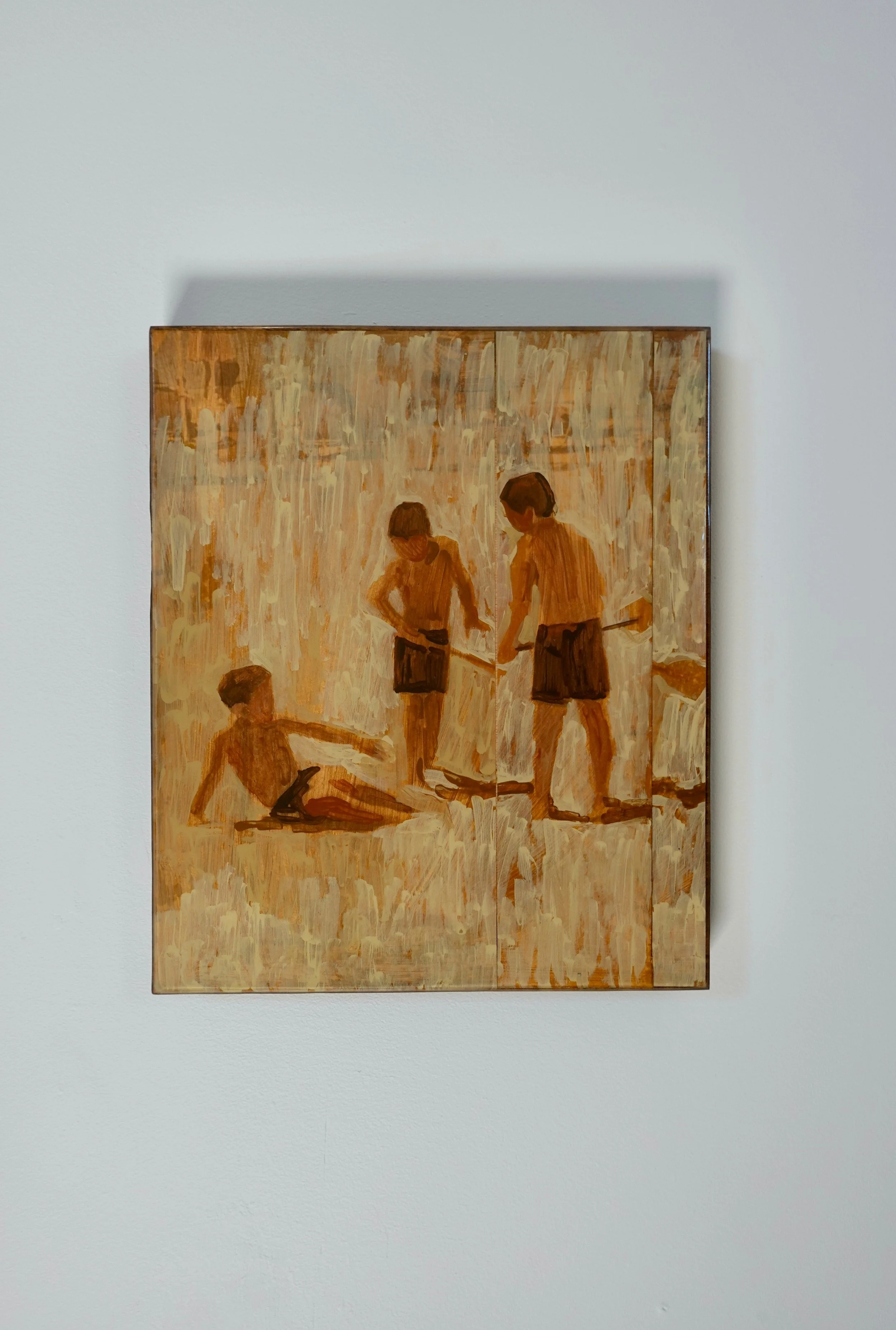 A painting depicting a scene of three children, in a minimalistic style with warm earth tones. The children play a game in the sand.