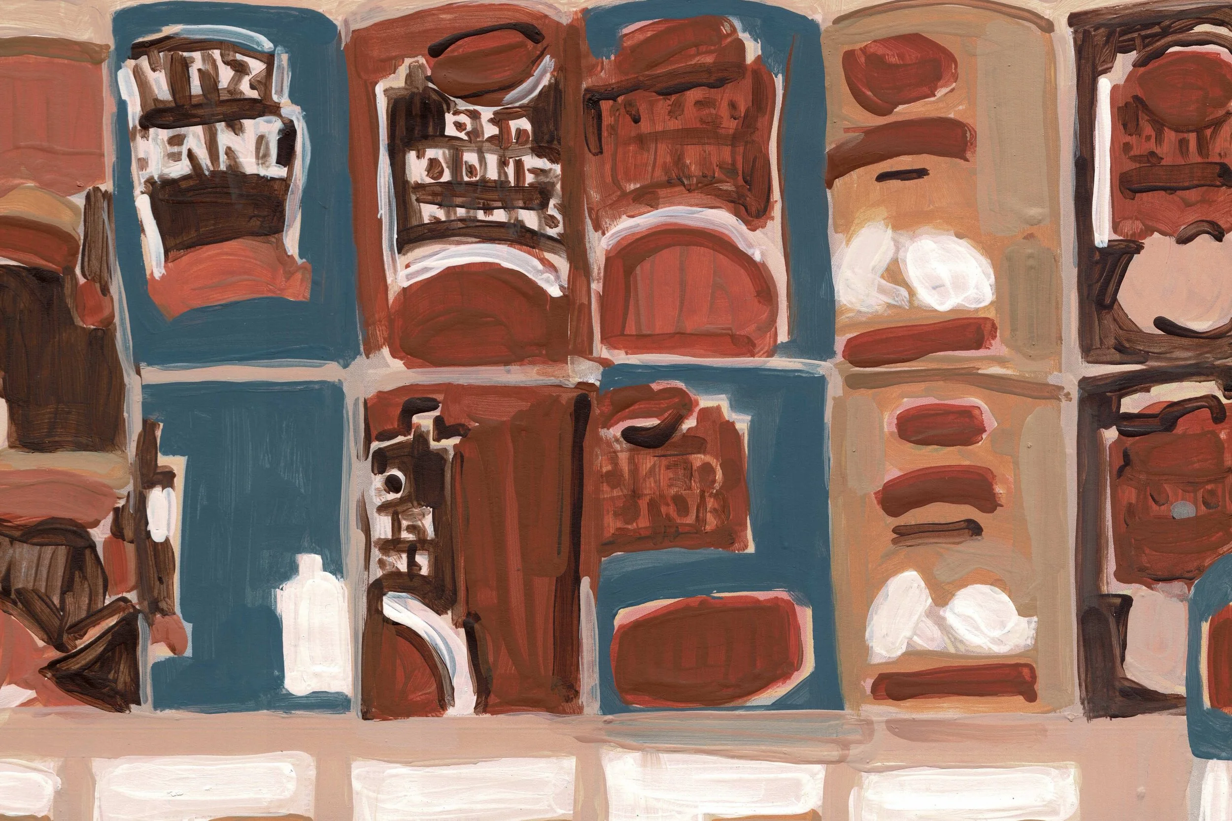 An abstract painting of a grocery store display with various products in boxes, using bold colors and rough brushstrokes.