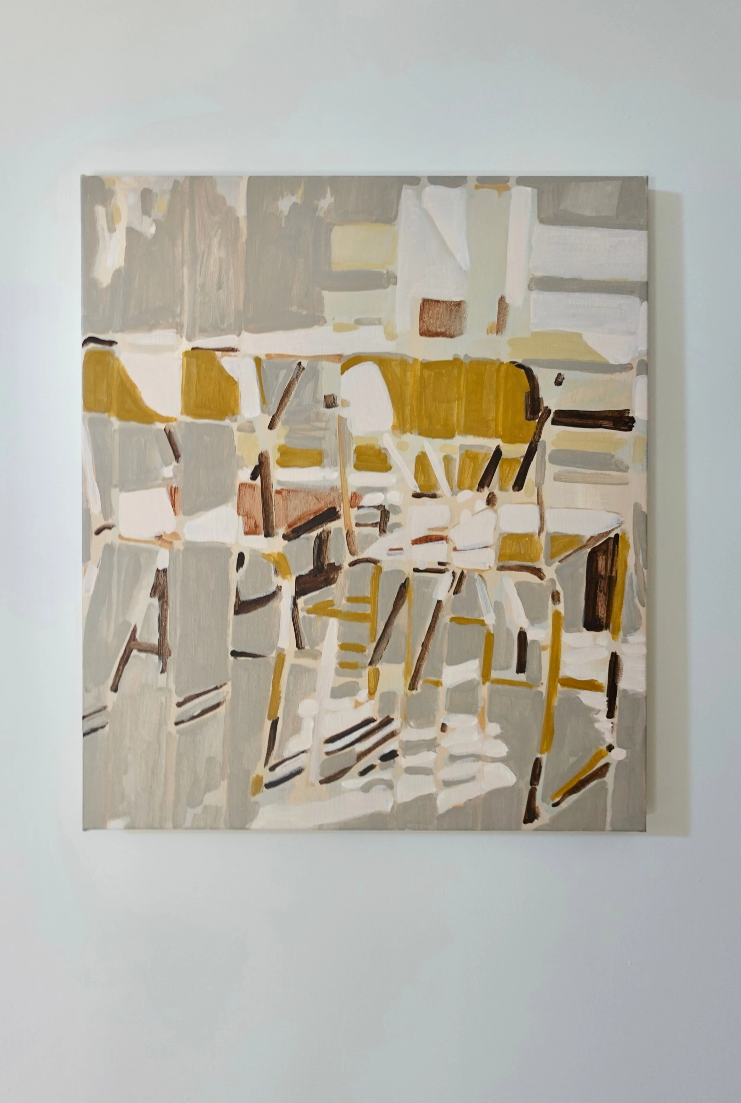 Abstract painting featuring chairs and tables in shades of yellow, brown, gray, and white with a loose, impressionistic style.