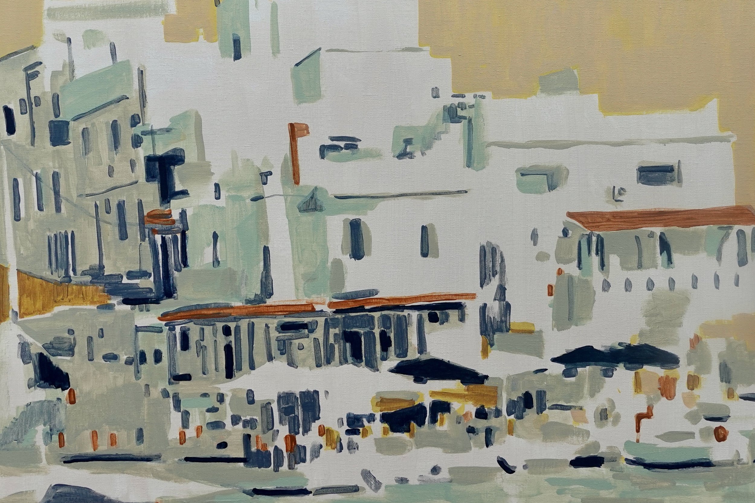 A painting of a cityscape with buildings, some with red rooftops, and a waterway in the foreground.