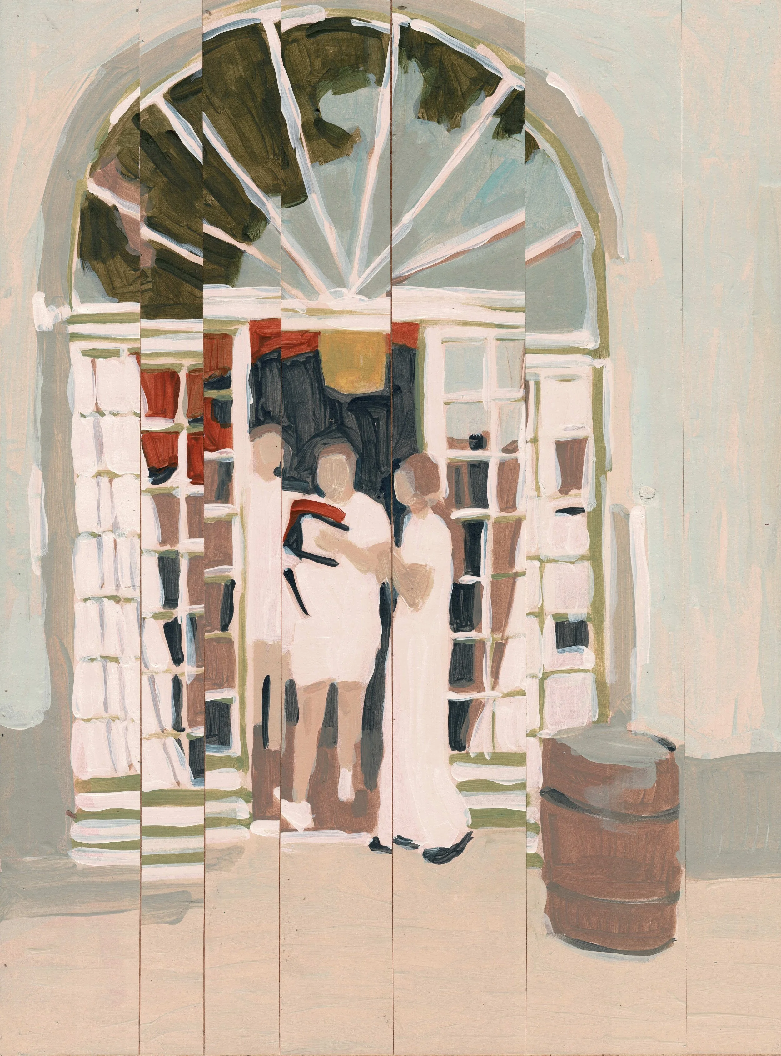 Entrance of a restaurant with the owner and his kids attending the customers.