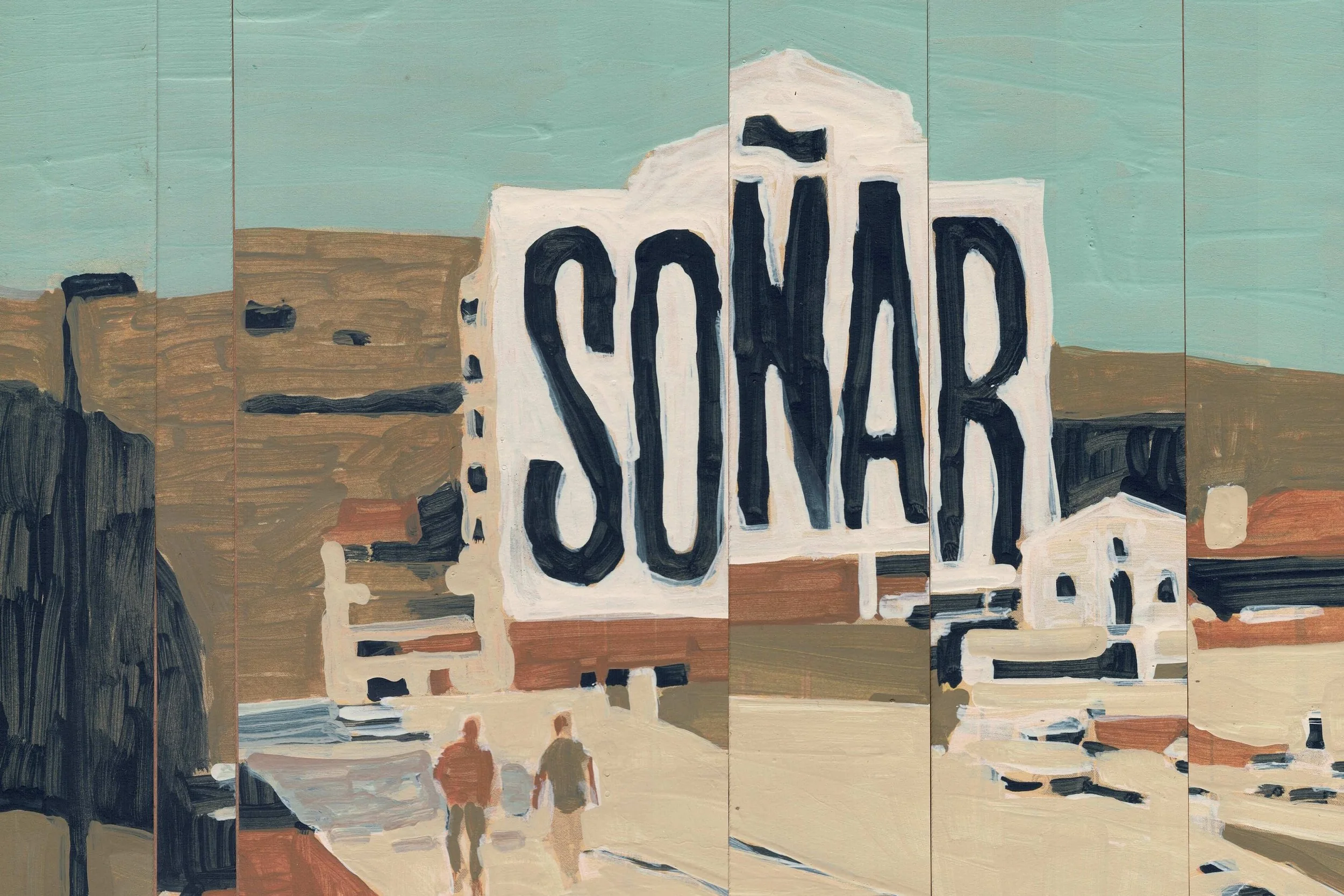 A painting of a city street scene with the word 'SONAR' in large black letters on a white background, with buildings, a tree, and two people walking in the foreground.