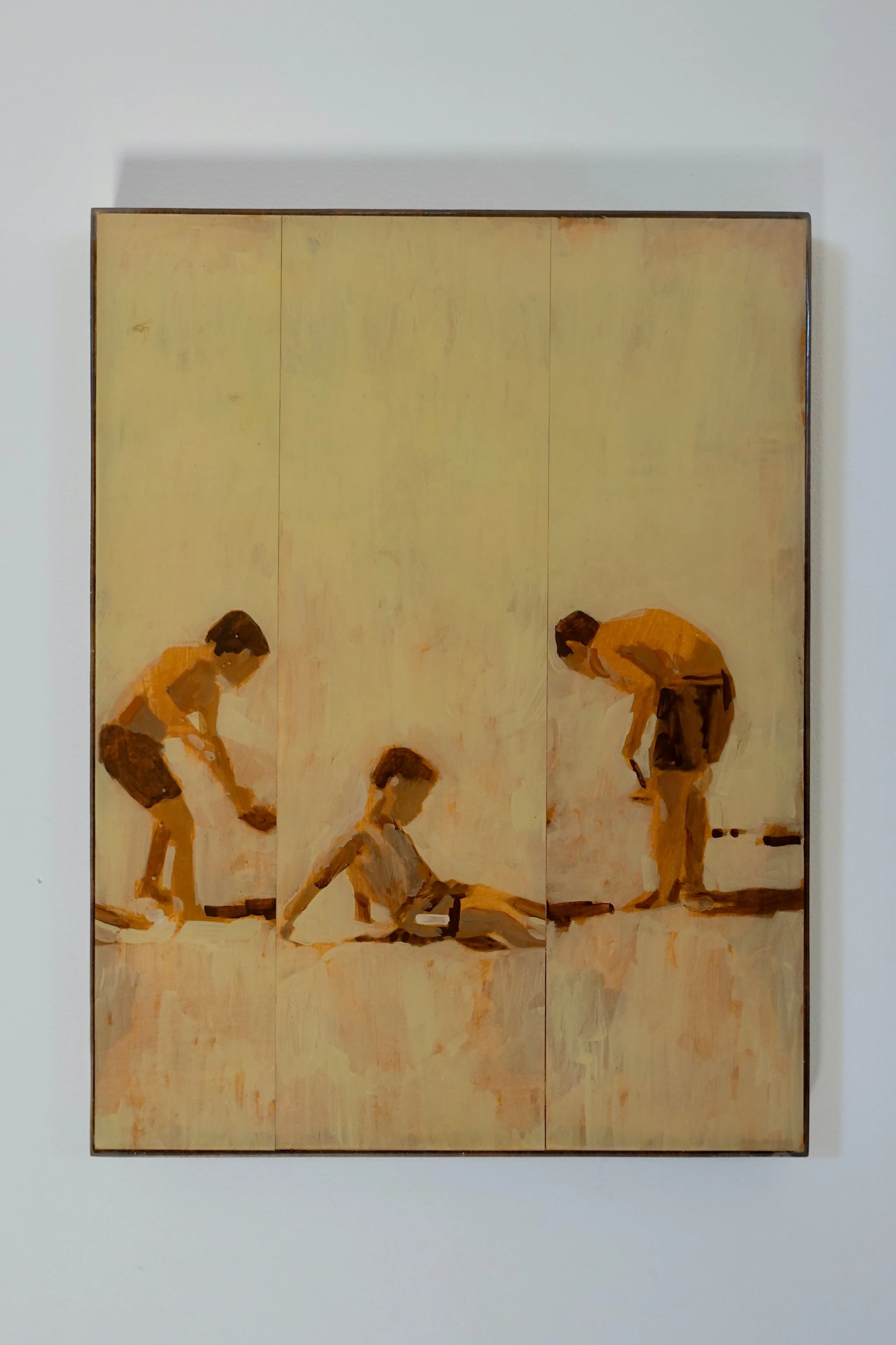 A painting depicting a scene of three children, in a minimalistic style with warm earth tones. The children play a game in the sand.