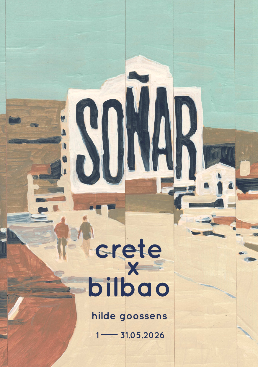 Painting of a village scene with a large sign reading 'SONAR' and text promoting a cultural event by Hilde Goossens from Crete and Bilbao, scheduled for May 1st to May 31st, 2026.