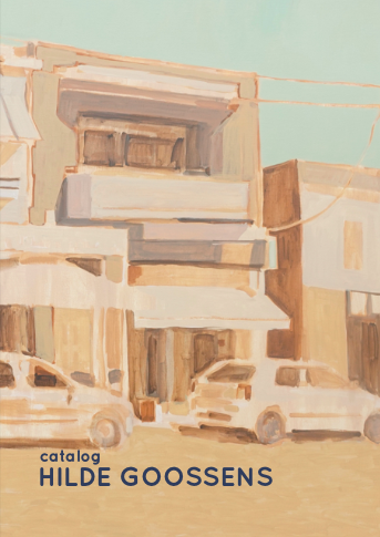 A painting of a city street with parked cars and buildings, including a modern multi-story building in the background, in soft pastel colors.