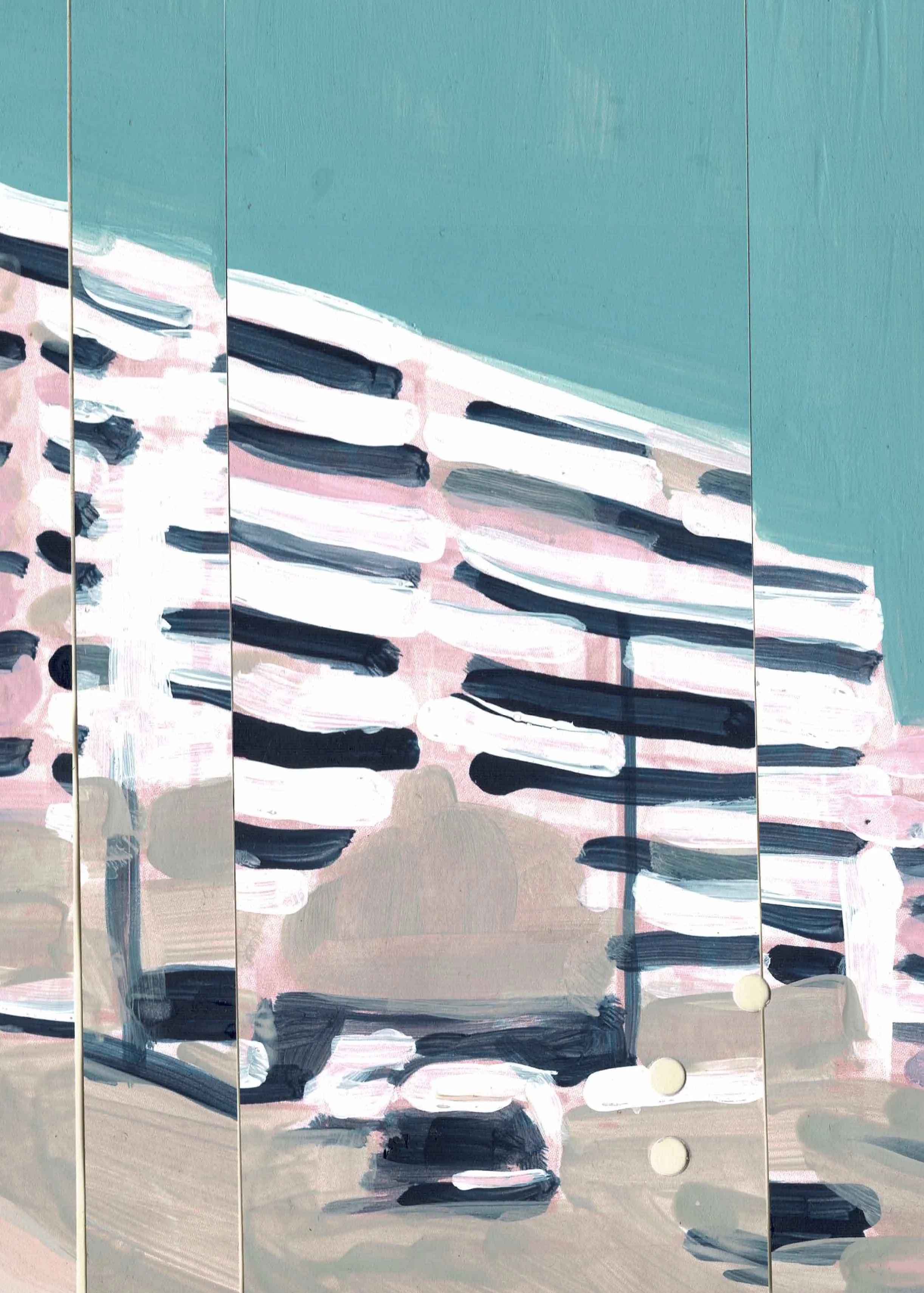 
Greetings from Saint-Raphaël — 2026  
Collage of acrylics on paper, on a postcard
10.5 x 14.8 cm