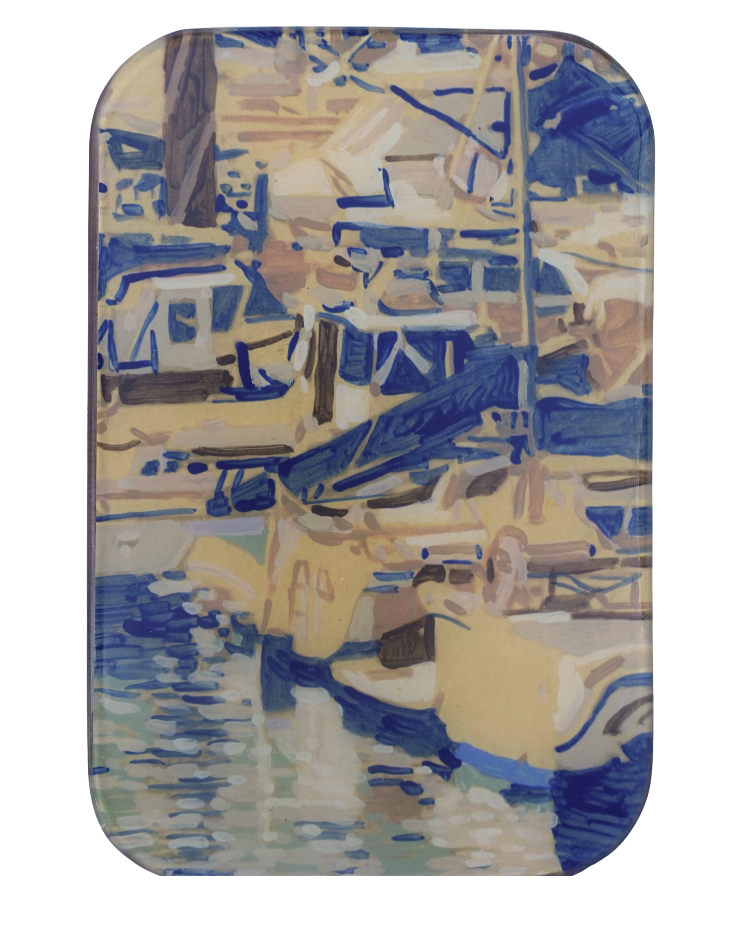 
Bilboats II — 2026 
Paper, acrylics and epoxy on a wooden panel 
24 x 16 x 4 cm