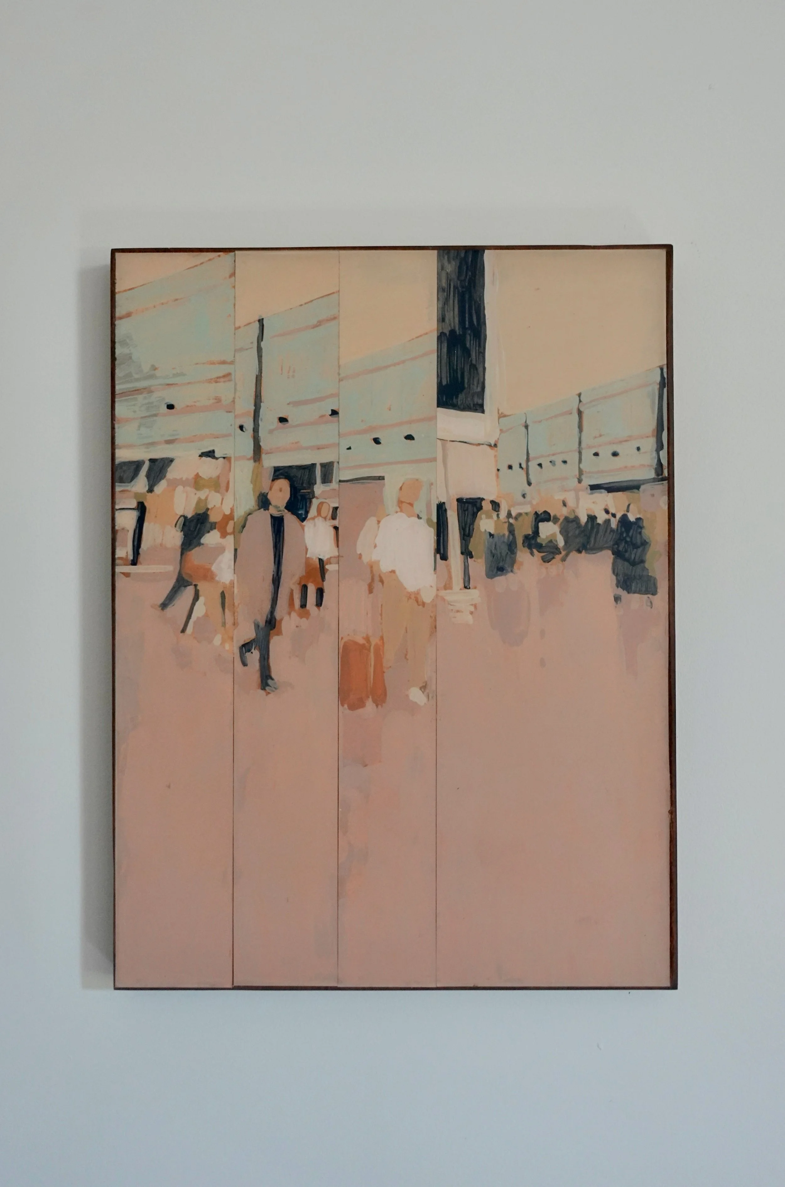 Abstract painting with muted tones depicting people and architectural elements, mounted on a panel and hung on a plain white wall.
