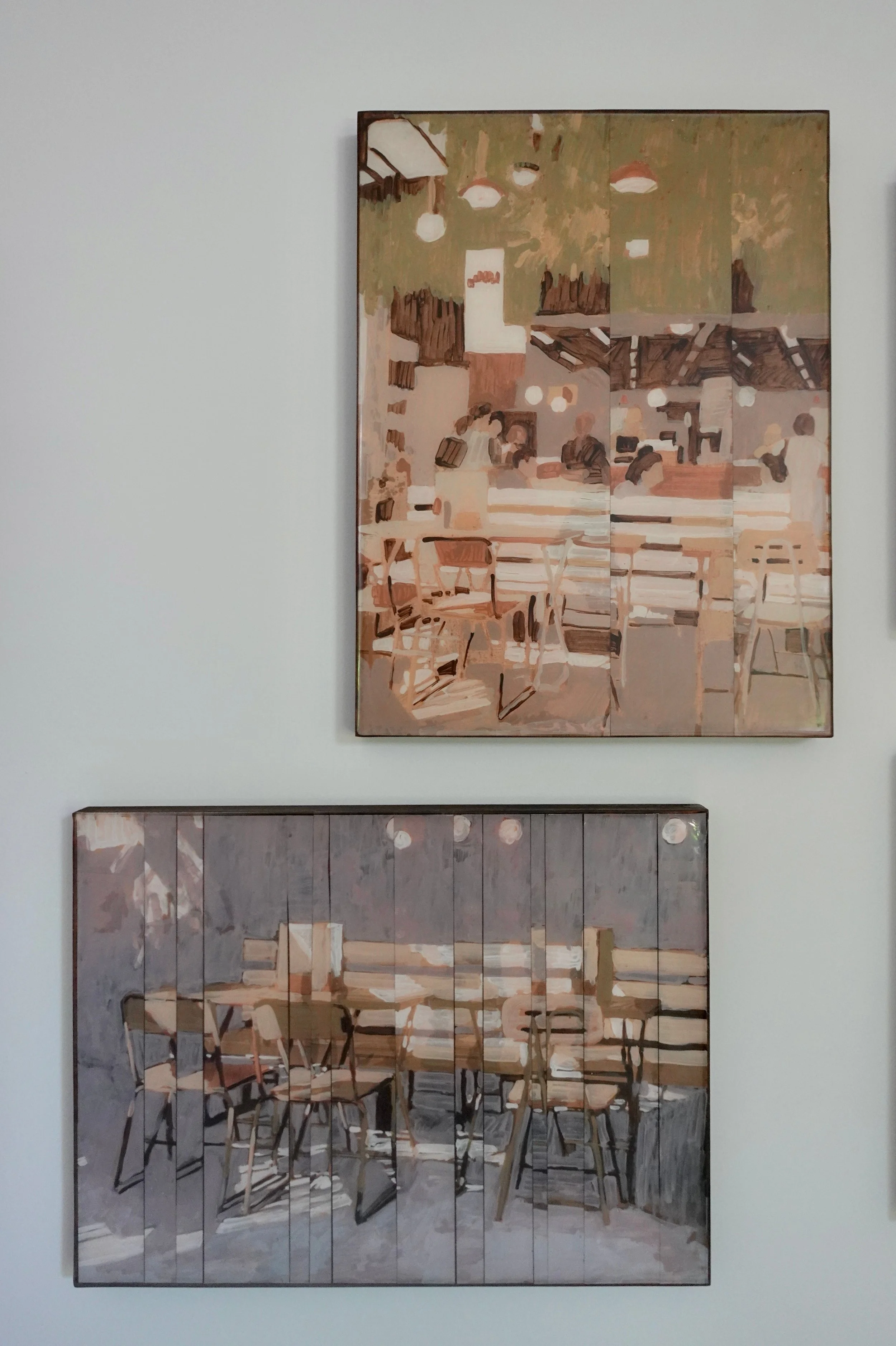Two collages of paintings of a cafe scene with tables, chairs, and people.