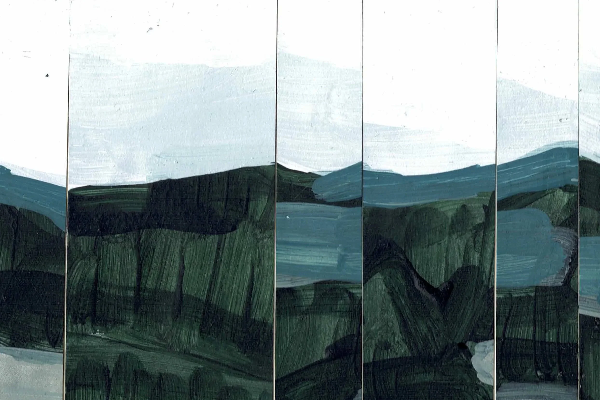 Abstract landscape painting depicting green hills, trees, and cloudy sky, divided into five vertical panels.