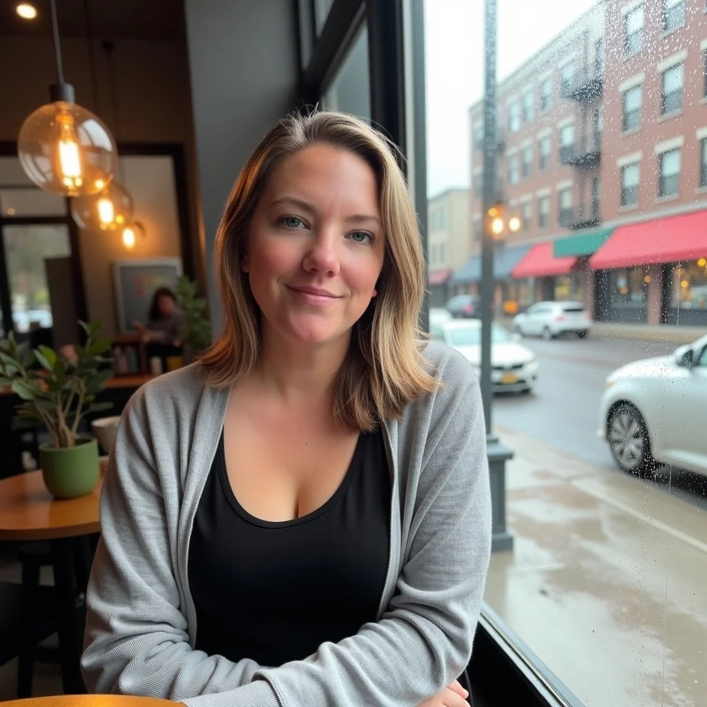 A smiling woman sitting by a window in a cafe, with a rainy street scene visible outside.