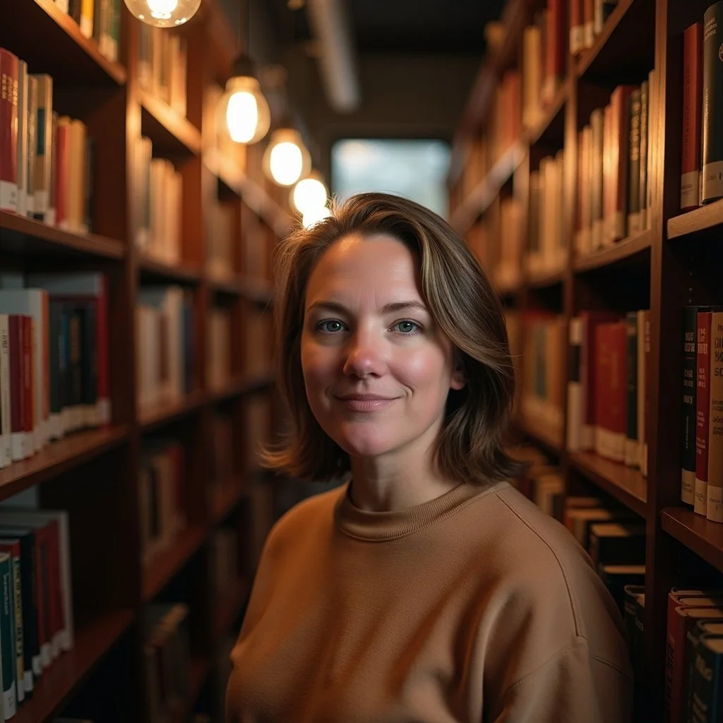 A woman with shoulder-length brown hair smiling at the camera in a bookstore aisle with bookshelves on both sides and warm overhead lighting.