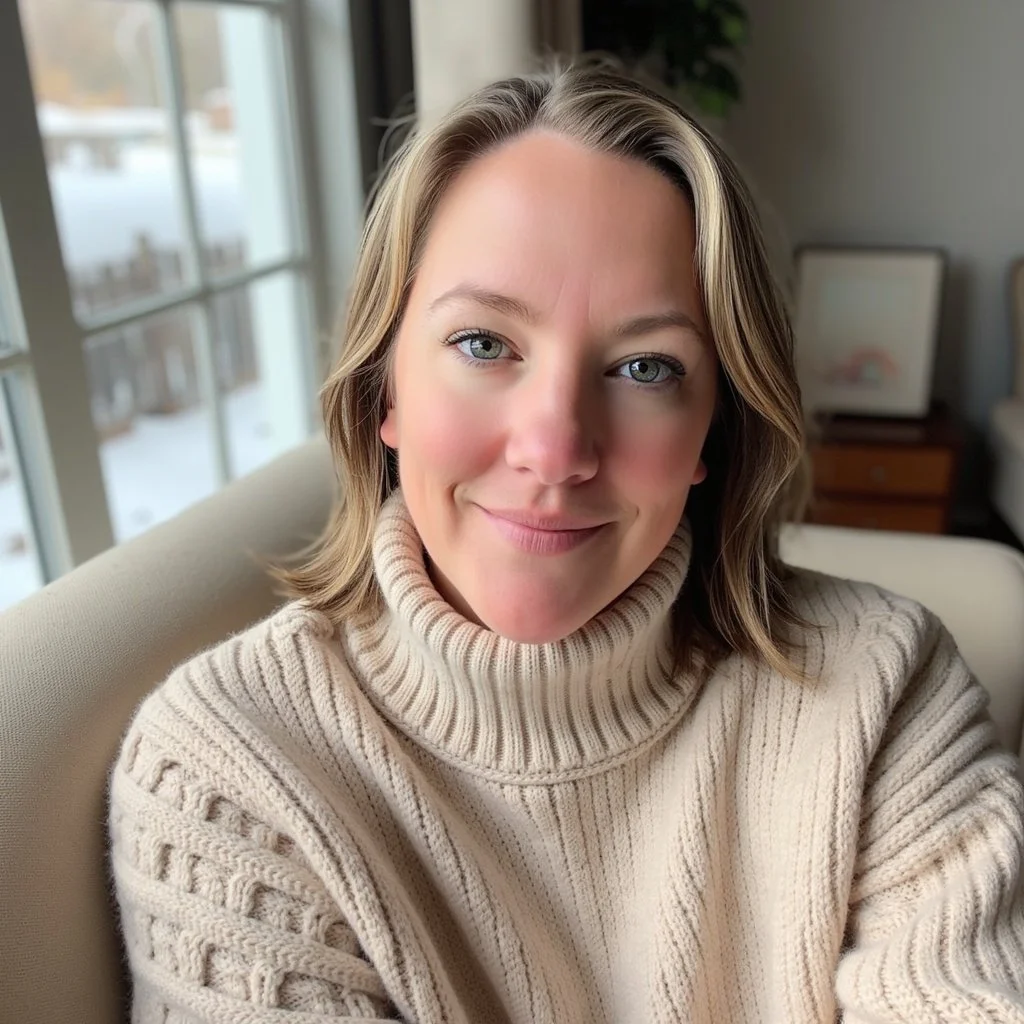 A woman with shoulder-length blonde hair and blue eyes sitting on a beige couch inside a house, wearing a cream-colored turtleneck sweater, smiling softly at the camera with a snowy outdoor scene visible through large windows behind her.