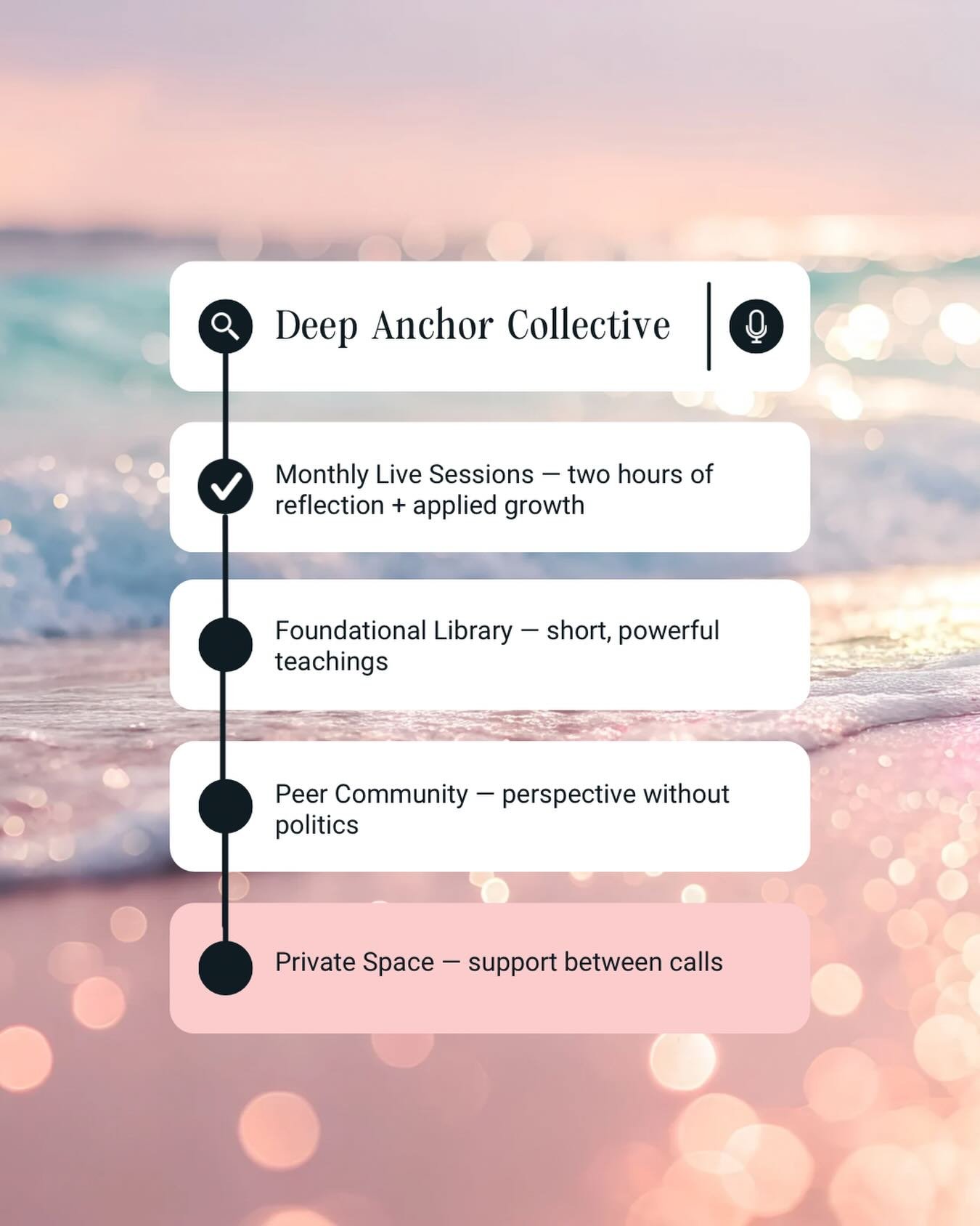 A four-month commitment to your leadership growth. 
Deep Anchor Collective is for leaders who:
-Hold senior roles with significant responsibility and visibility.
-Want a new and fresh peer group where they can speak openly and be fully seen.
-Crave d