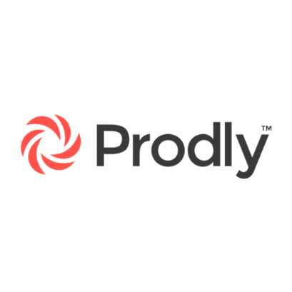Prodly logo with a red swirl symbol and stylized text