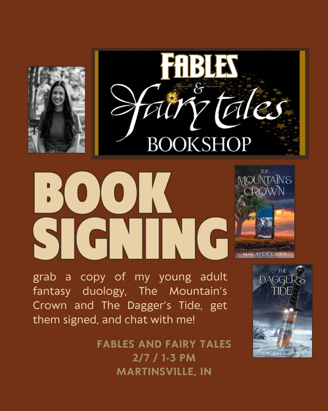 UPCOMING BOOK SIGNING AT @fablesandfairytalesbookshop !!! I'll have copies of both The Mountain's Crown and The Dagger's Tide available. I can't wait to see y'all and sign your books! <3 Feb 7th 1-3 PM... MARK YOUR CALENDARS