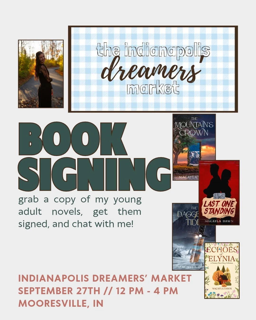 MOORESVILLE! I'll be signing and selling my young adult novels THIS Sunday at the Indianapolis Dreamers' Market (a market I happen to be hosting!). And because I'm hosting this event, my awesome MIL will be selling my signed books for me 😂 Grab your