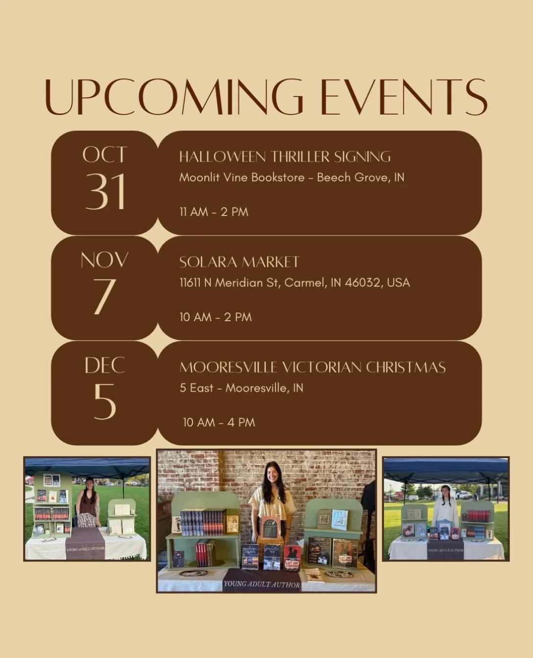 The next two months are going to be SO FUN and BUSY!!!! Find me at @moonlitvinebooks on Halloween with my thriller, or at @solaramarkets on Nov 7th and @victorian_christmas on Dec. 5th with all FIVE of my books!! CAN&rsquo;T WAIT!