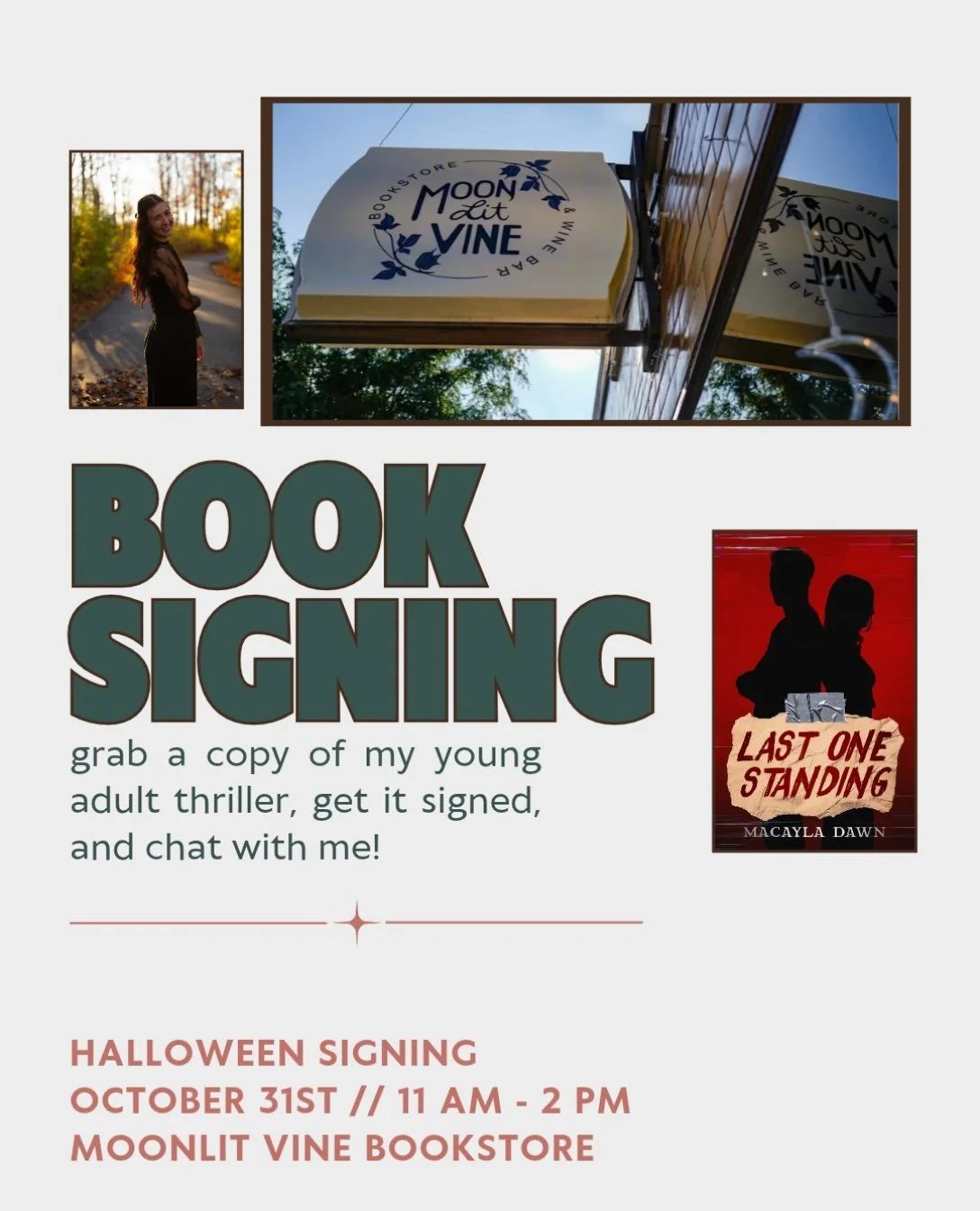 TOMORROW at @moonlitvinebooks with @rachaelreeseauthor !!!!!!! Come grab her vampire fantasy book and my YA thriller before you go trick or treating 🔎