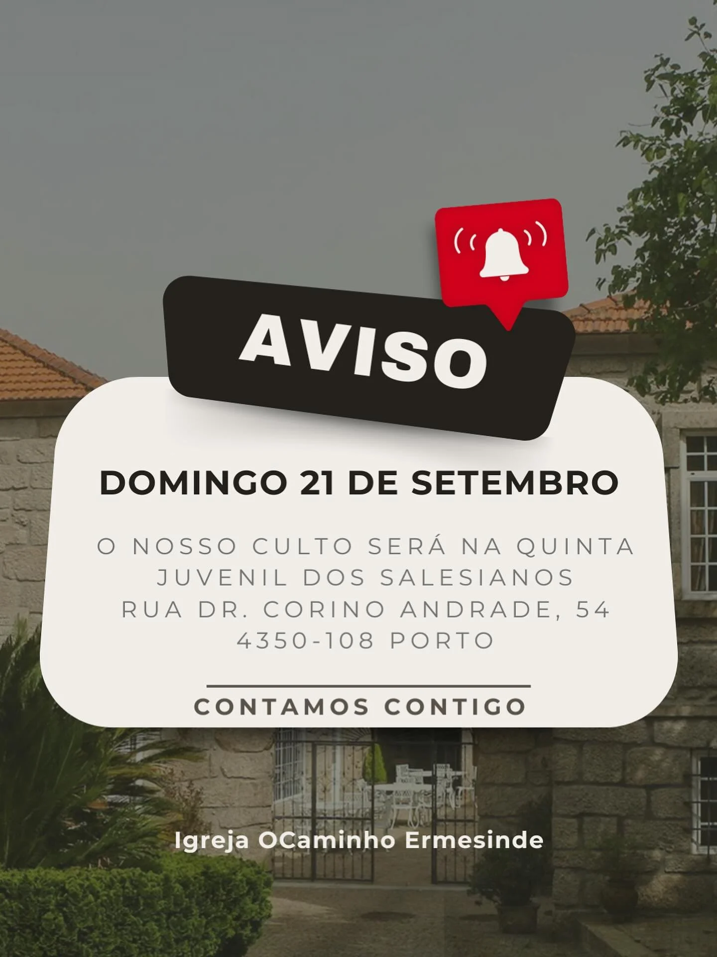 Este fim de semana dias 20 e 21 teremos o nosso retiro.
Iremos celebrar o nosso culto de adora&ccedil;&atilde;o de domingo l&aacute; na Quinta Jovenil dos Salesianos do Porto.
Contamos consigo no nosso culto no Domingo.