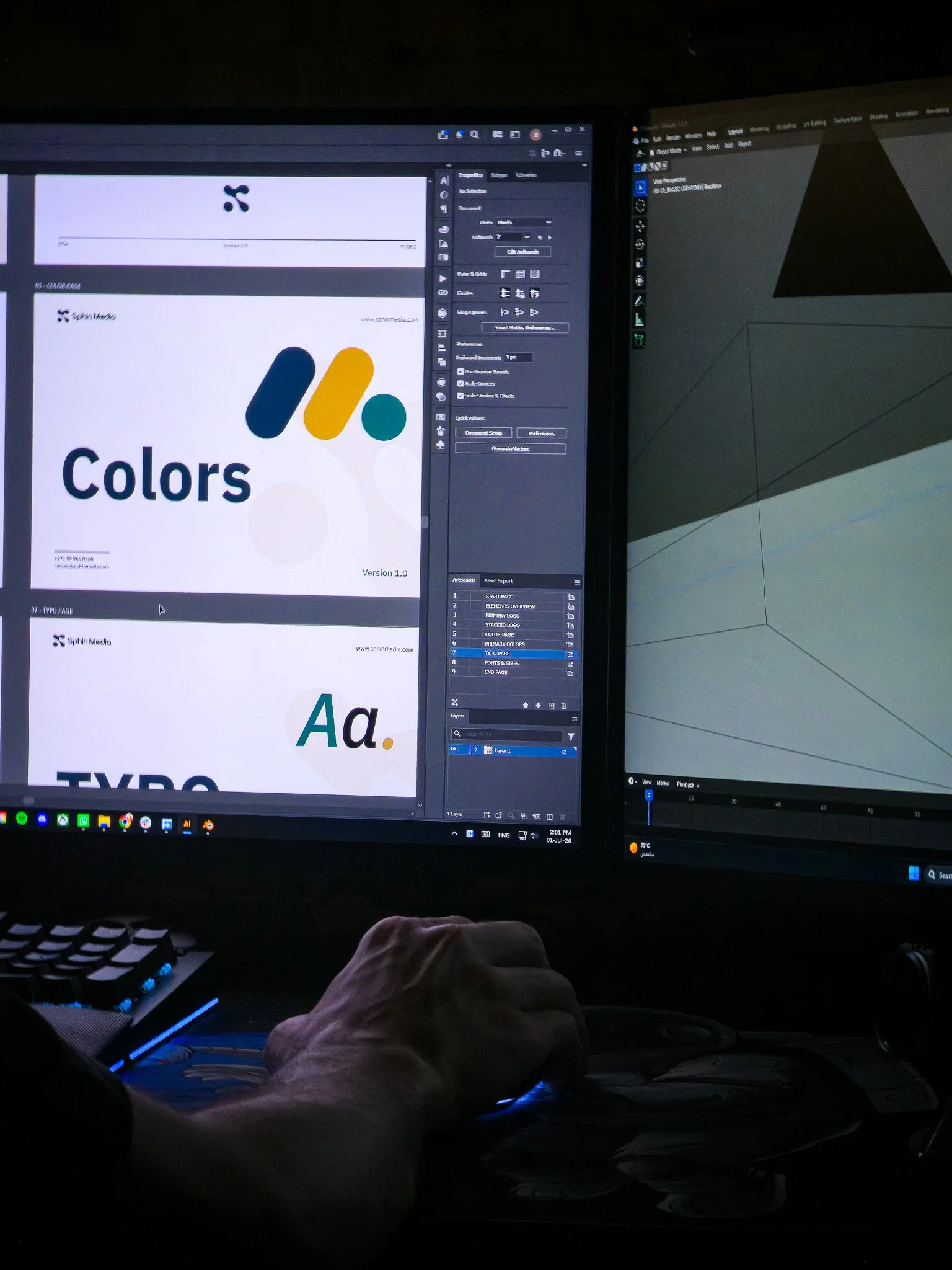 Sphin Media designer working on brand guidelines and 3D modelling across two monitors.