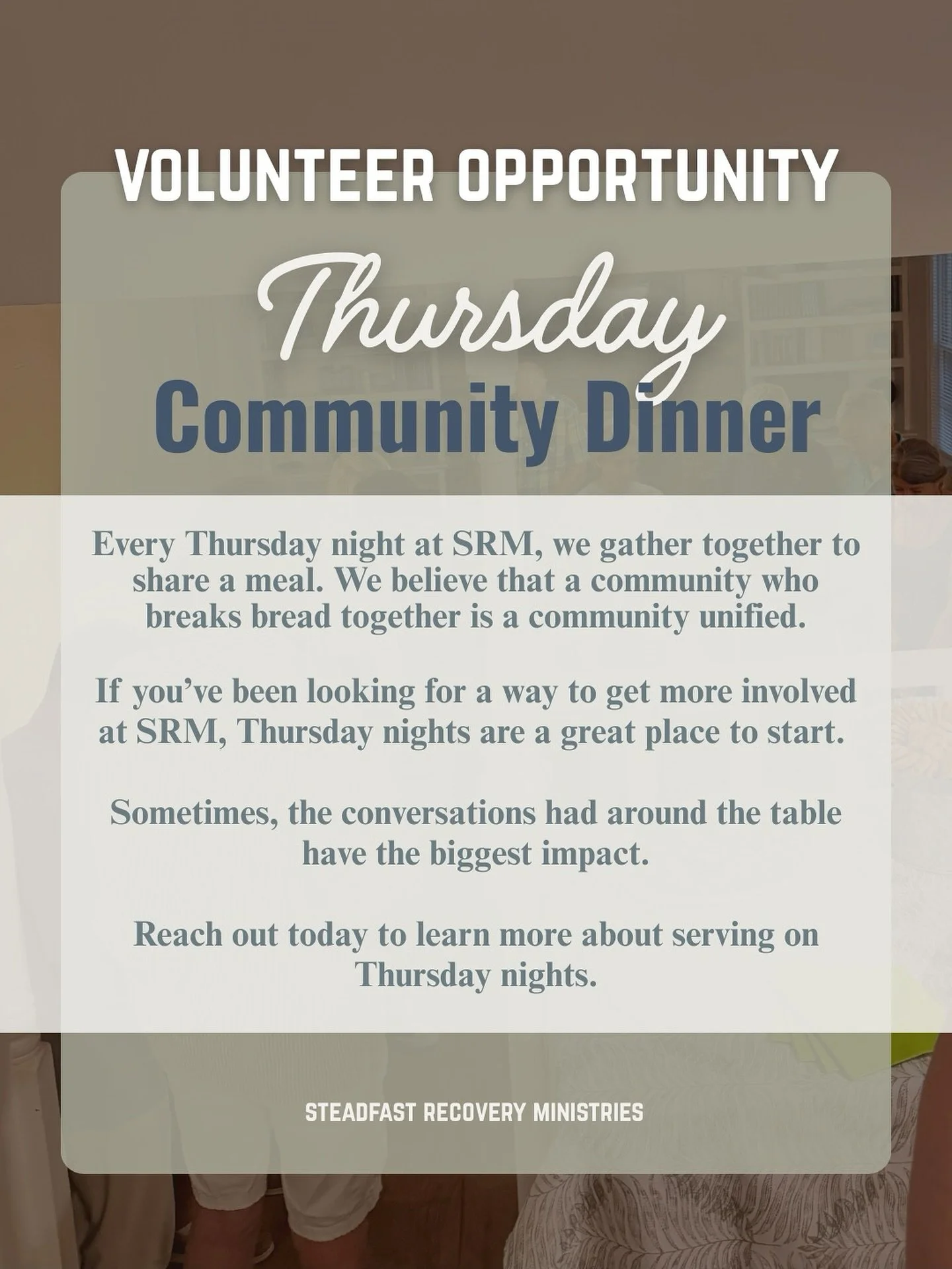 Thursday nights serve as an opportunity to spark special conversations, encouragement, and remind these men they aren&rsquo;t walking this journey alone. 

If you&rsquo;d like to partner with us by serving on a Thursday night, comment &ldquo;Thursday