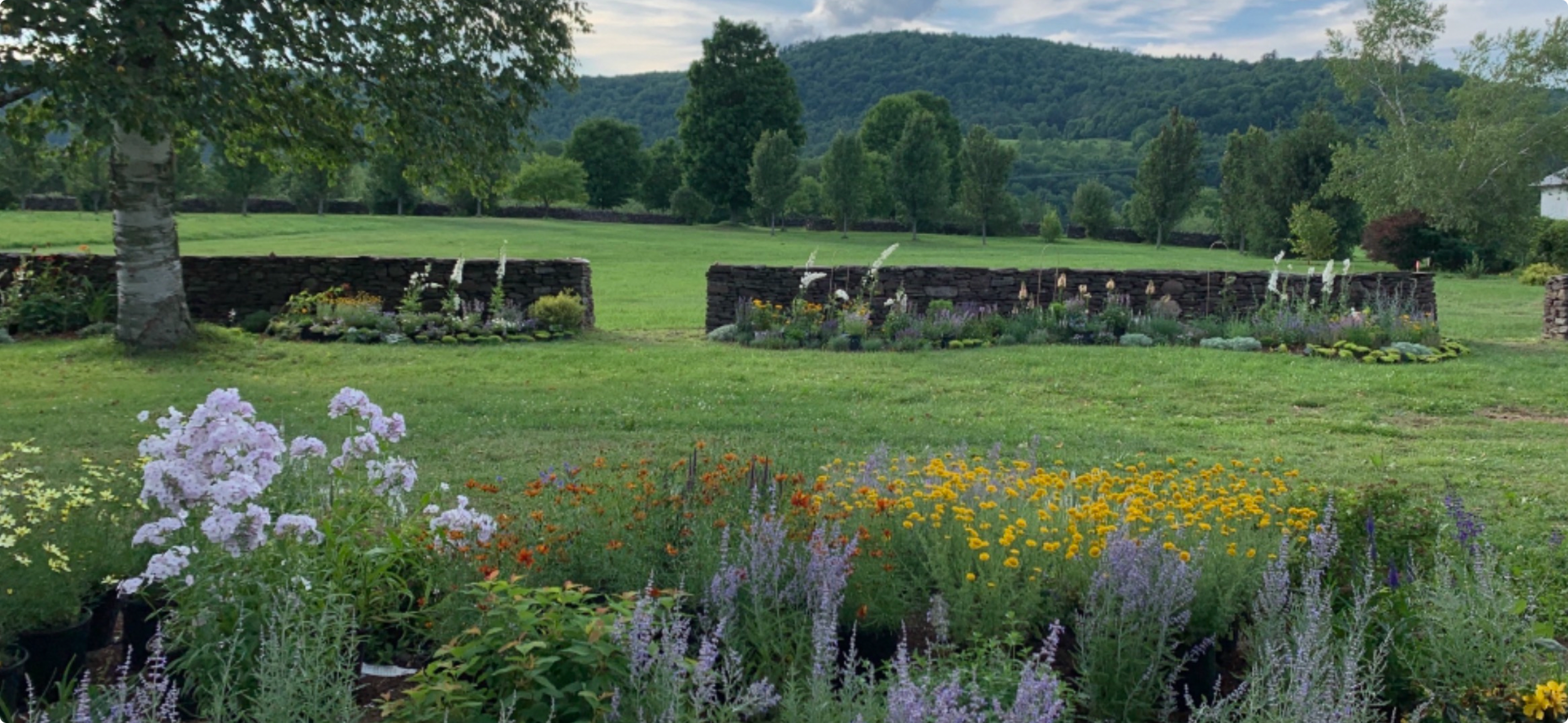 A lush green garden with a variety of colorful flowers in the foreground, bordered by a stone wall, with trees and hills in the background under a partly cloudy sky.