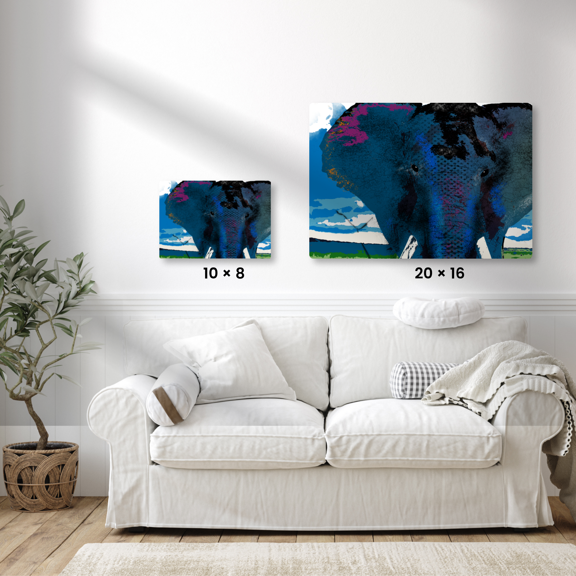 Painting of an elephant, Gentle Giant, over a white loveseat showing the size comparison between a 10x8 and 20x16 painting.