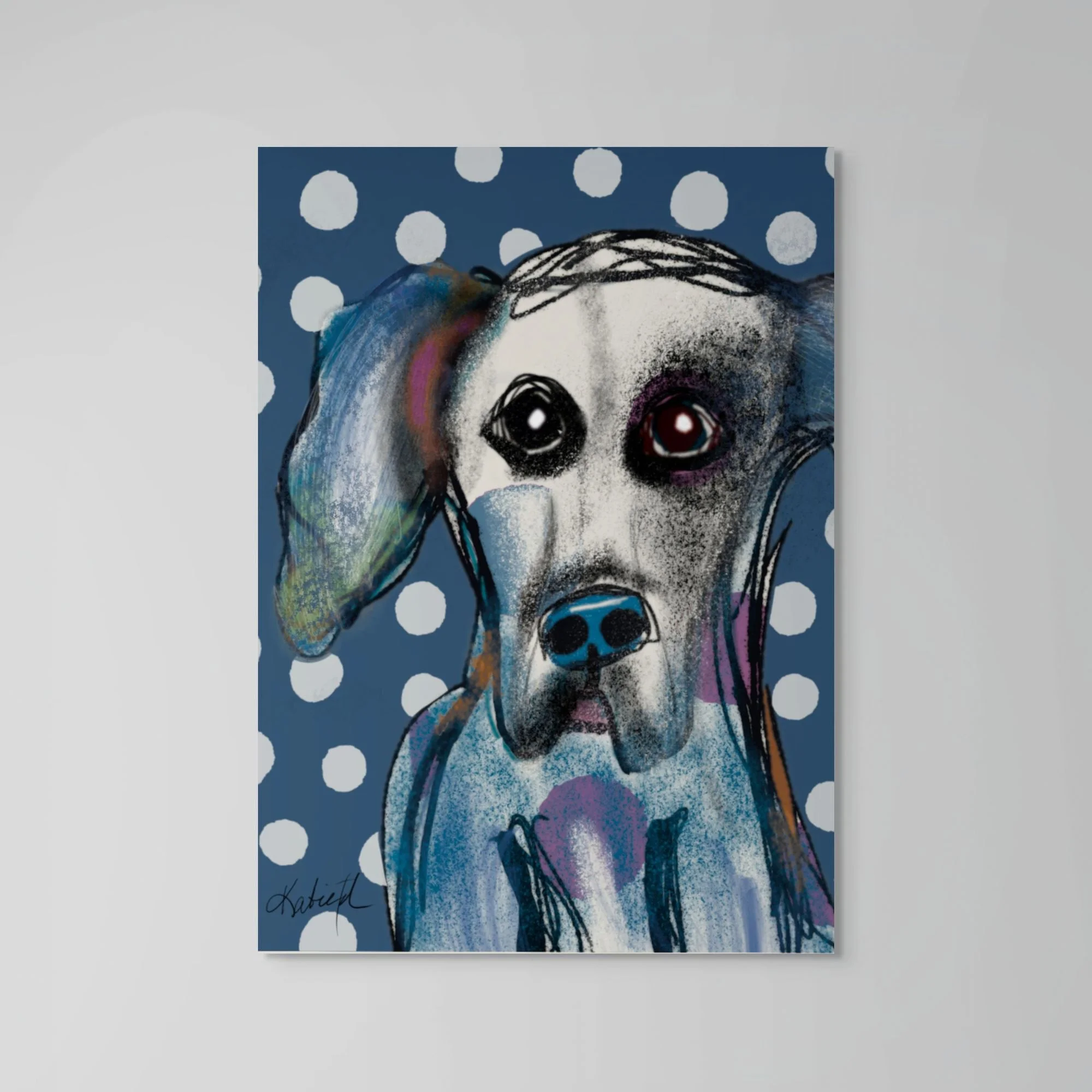 Whimsical painting of a dog with expressive eyes and teal and purple spots on a blue background with white polka dots.
